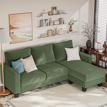 YESHOMY Convertible Sectional Couch, Couches with Mobile Ottoman, Small Sofa L-Shaped 3 Seater with Corduroy Fabric for Living Room, Apartment and Office, 70", Olive Green