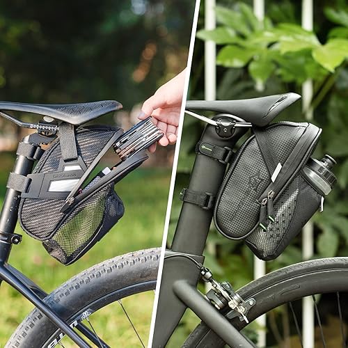 Miniatura 5 de ROCKBROS Bolsas de sillín de bicicleta con bolsa para botella de agua, bolsas de bicicleta impermeables para debajo del asiento para bolsa de sillín
