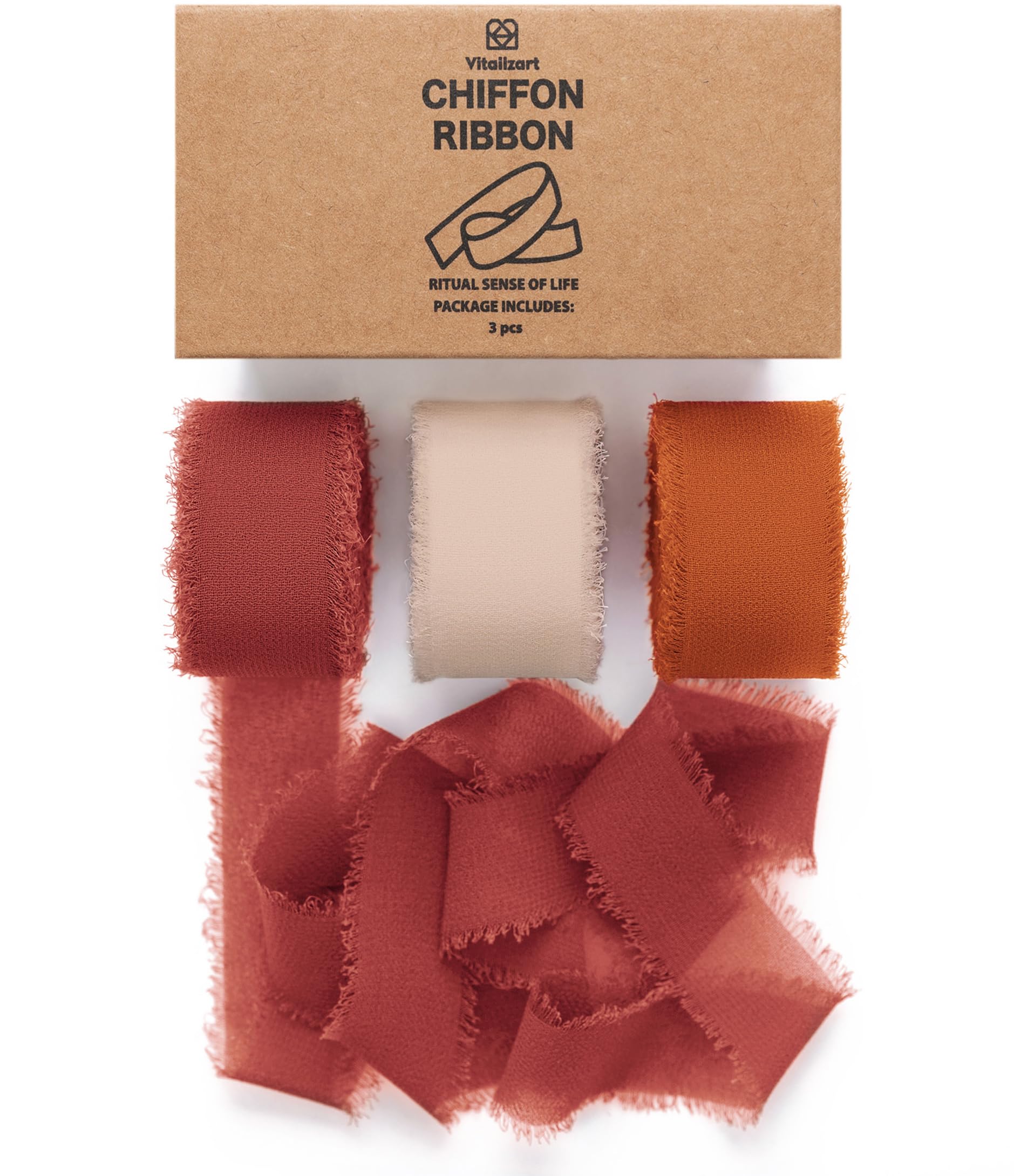 Vitalizart Chiffon Ribbon 1" x 21 Yd Burnt Orange & Nude, Fabric Frayed Fringe Package (3 Rolls x 7 Yd), Silky Ribbon for Wedding Invitation, Bridal Bouquet, Decoration, Gift Wrapping, Bow Making