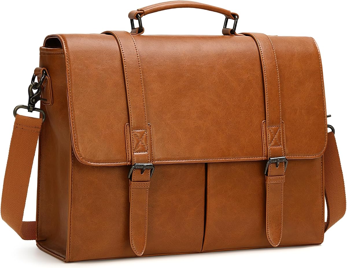 RAINSMORE Bolso Bandolera para Hombre Maletín de Cuero Vintage de 15,6 Pulgadas Bolso Impermeable para Computadora Portátil Bolso Grande Bandolera Oficina Trabajo Negocios Universidad Bolso para Computadora, Marrón