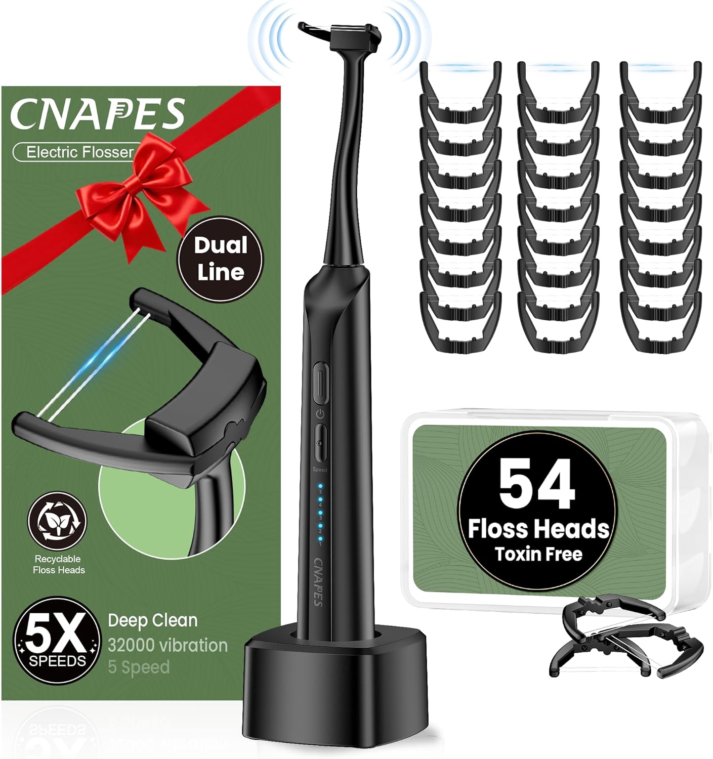 Electric Flosser for Teeth - 54 Refill Reusable Heads + 5 Speeds, 5X Cleaning & 60-Day Battery Life, Easy Glide Flossing for Gentle Gum Care, More Effective Than String or Water Flosser