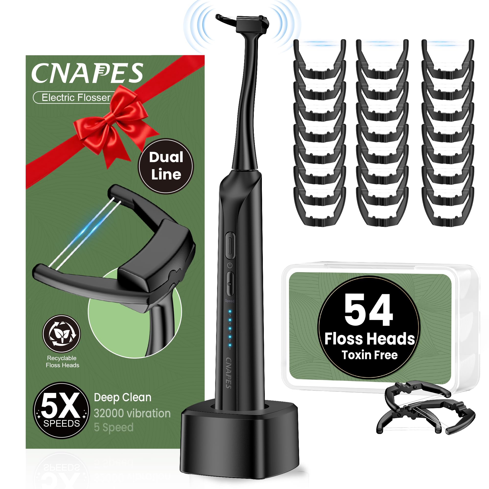 Electric Flosser for Teeth - 54 Refill Reusable Heads 5 Speeds 5X Cleaning 60-Day Battery Life Easy Glide
