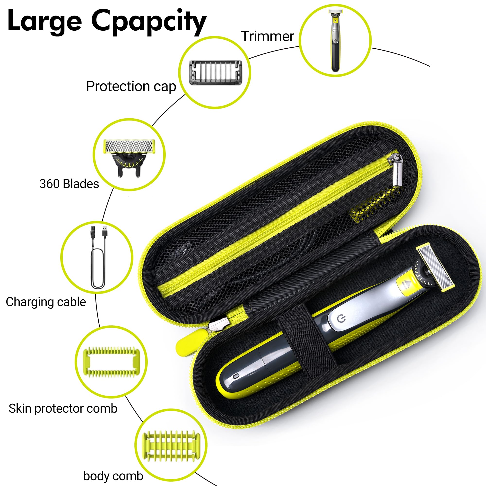 Custodia da viaggio per Philips OneBlade 360/Pro/Intimate Series, custodia rigida in EVA per rasoio elettrico, regolabarba e body groomer con organizer per accessori, nero e verde