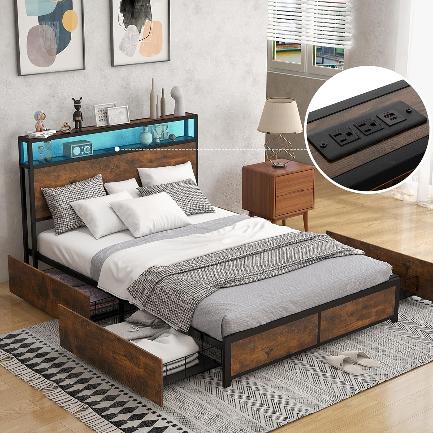 DORTALA Queen Bed Frame with LED Lights, Industrial Metal Platform Bed Frame with 2-Tier Storage Headboard and 4 Storage Drawers, RGB LED Bed Frame with Charging Station, No Box Spring Needed