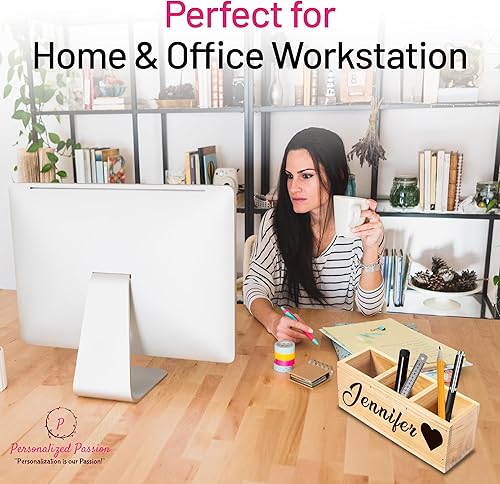 Miniatura 7 de Personalized Passion Organizador de escritorio de madera, soporte para lápices con nombre personalizado, organizador de madera de tamaño perfecto