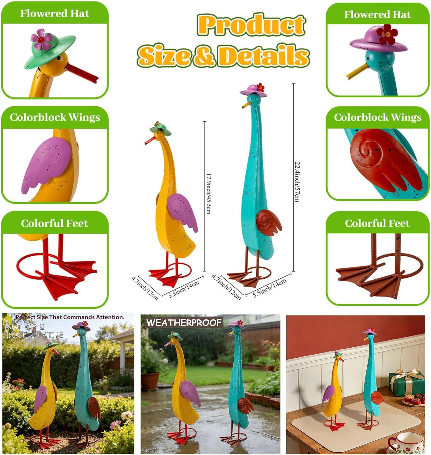 22" Duck Garden Statue Set of 2 Metal Ducks, Duck Outdoor Decor with Stakes Animal Yard Art Sculptures for Patio Porch Lawn Backyard