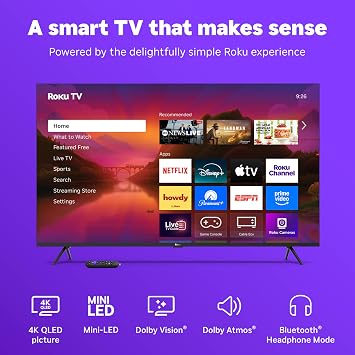 Roku Smart TV 55-Inch Plus Series, Mini-LED TV RokuTV with Enhanced Voice Remote Flat Screen 4K QLED Television with Dolby Vision & Wi-Fi for Streaming Live Local News, Sports