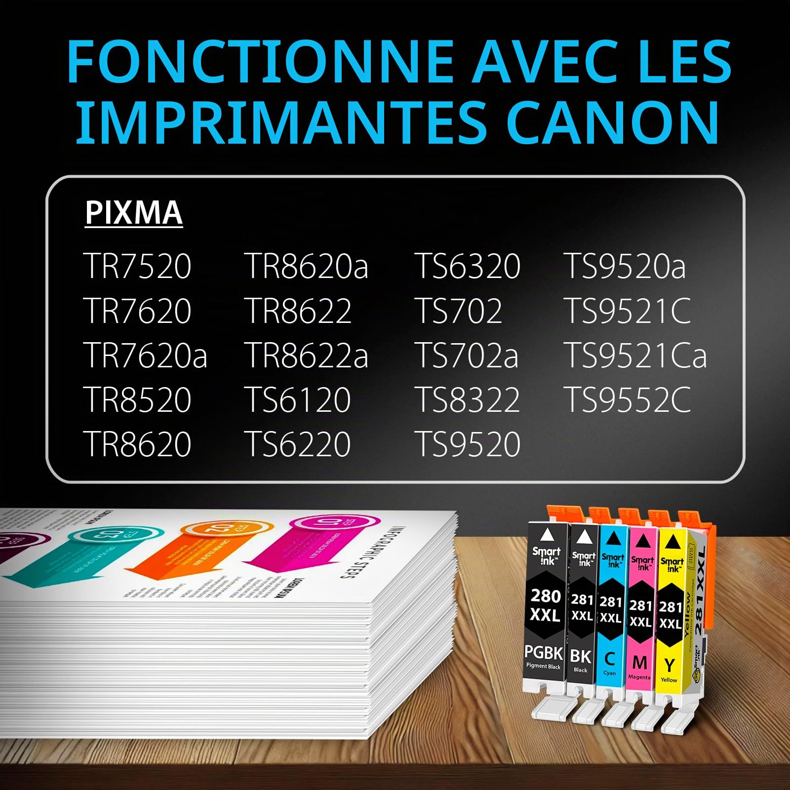Smart Ink Lot de 5 cartouches d'encre de rechange pour Canon 281 280 PGI-280XXL CLI-281XXL pour imprimantes Canon Pixma TR8520 TS9120 TS6120 TR8620 TR8620a TS6320 TR7520 PGBK/BK/C/M/Y