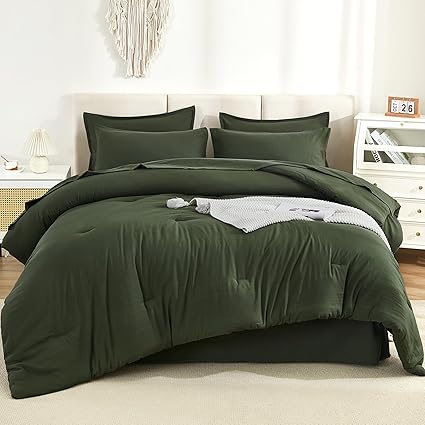 Litanika Dark Olive Green California King Size Comforter Set - 7 Pieces Bed in a Bag Cal King Bedding Comforter Sets, Plain Lightweight Bed Set with Comforter, Sheets, Pillowcases & Shams
