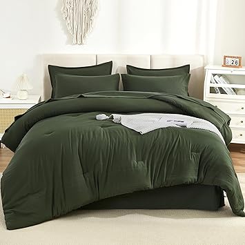 Litanika Dark Olive Green California King Size Comforter Set - 7 Pieces Bed in a Bag Cal King Bedding Comforter Sets, Plain Lightweight Bed Set with Comforter, Sheets, Pillowcases & Shams