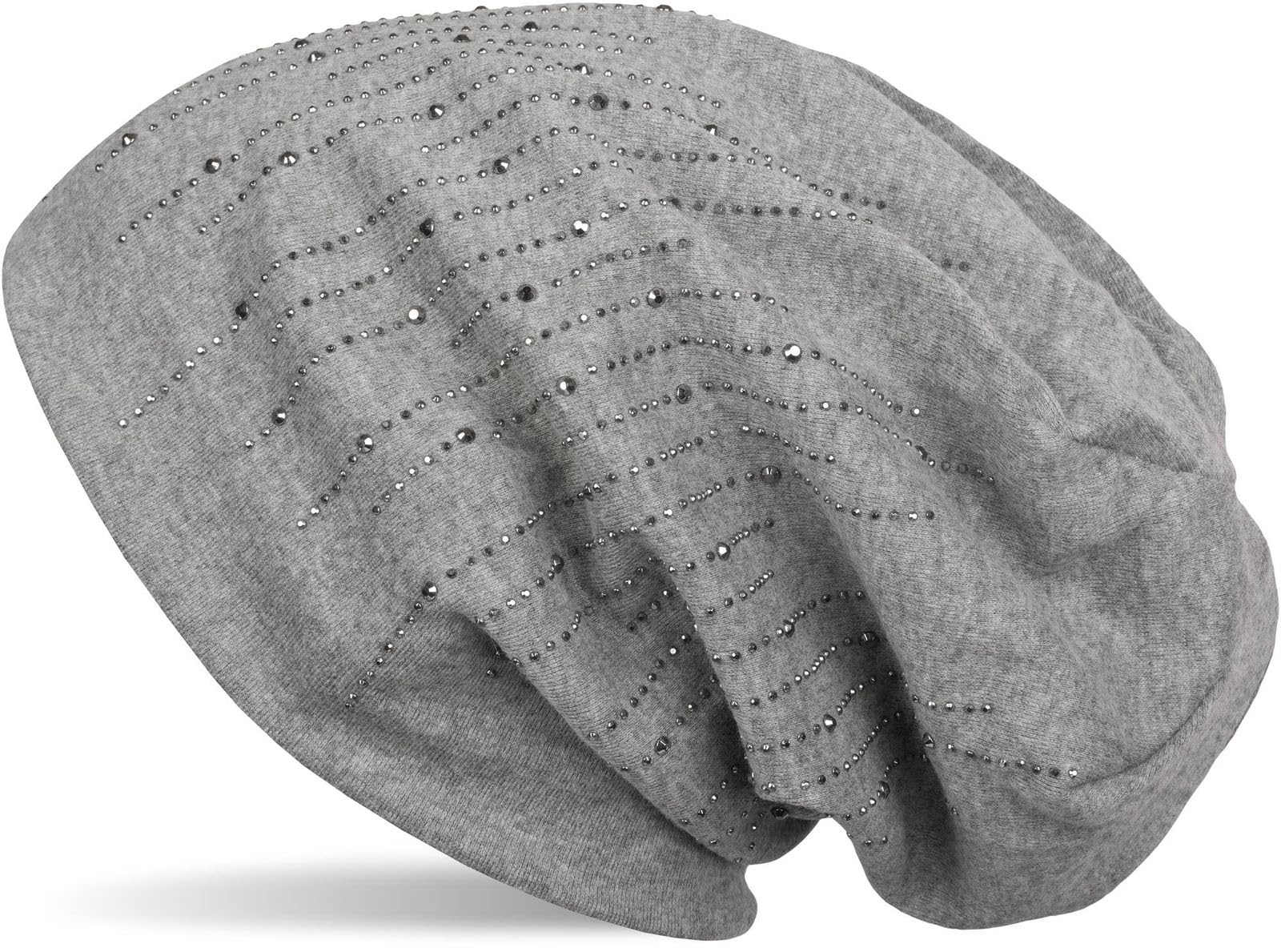 styleBREAKER Women's Beanie Hat with Rhinestone Studs in Elegant Stripe Design, Slouch Long Beanie, Solid Color Fabric Hat 04024086, Colour:Mottled Grey