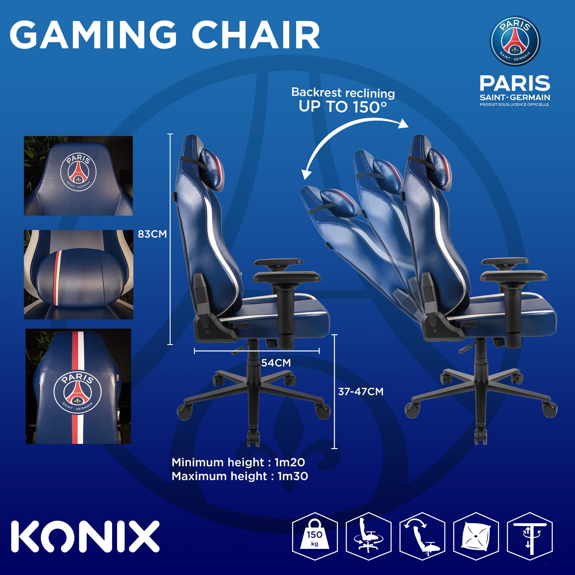 Konix PSG Chaise de Bureau Gaming Premium - Inclinaison siège 150° - Cuir polyuréthane - Coussin lombaires et cervicaux réglable - Appui-tête - Bleu