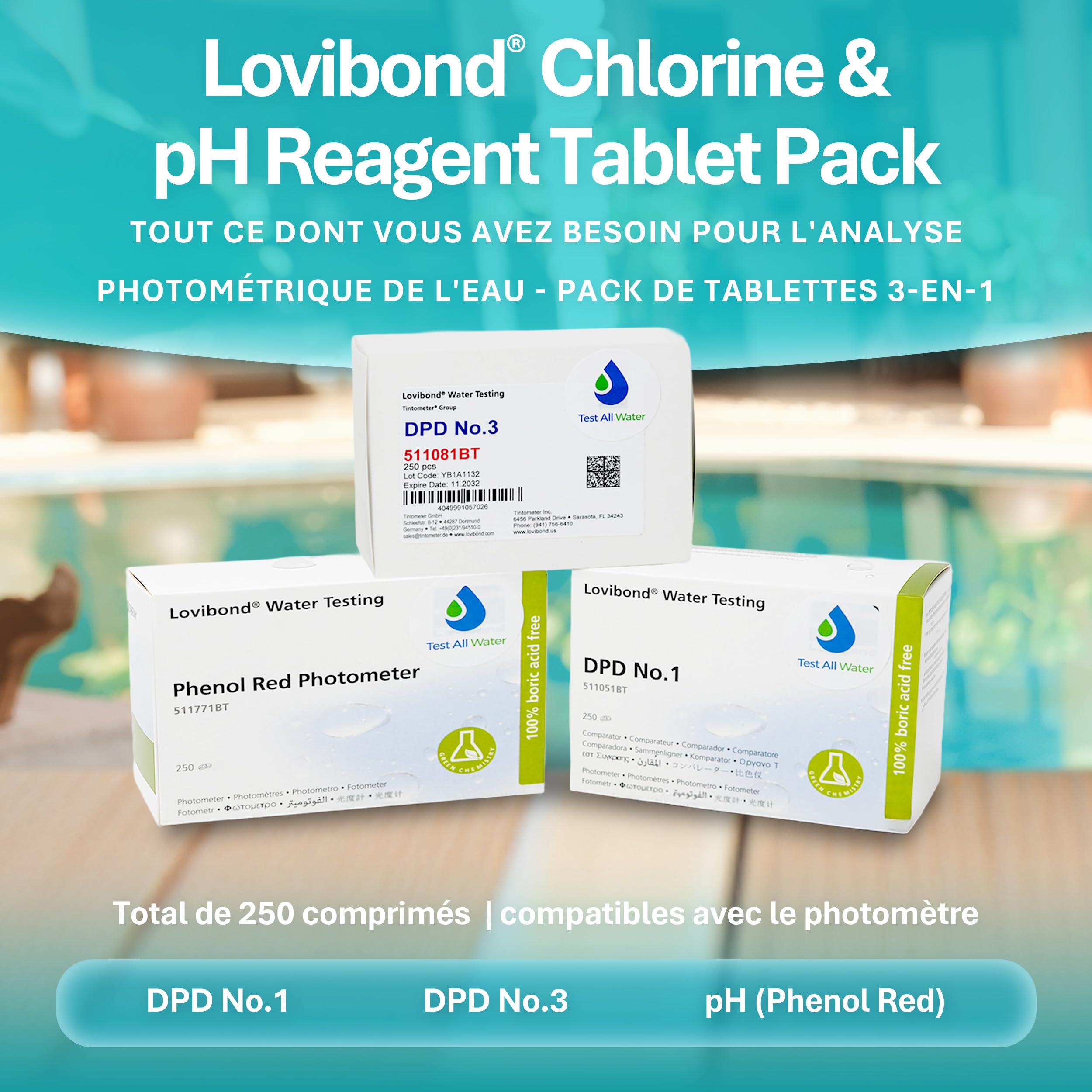 Lovibond DPD No.1, DPD No.3 et pH 250 comprimés