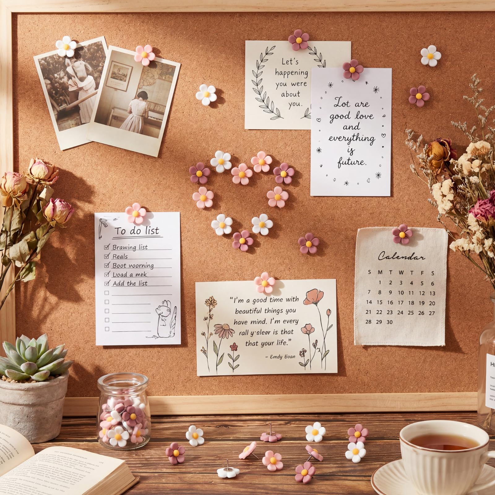 Flower Push Pins - Pink & White Floral -6 Flower Push Pins - Pink & White Floral -6