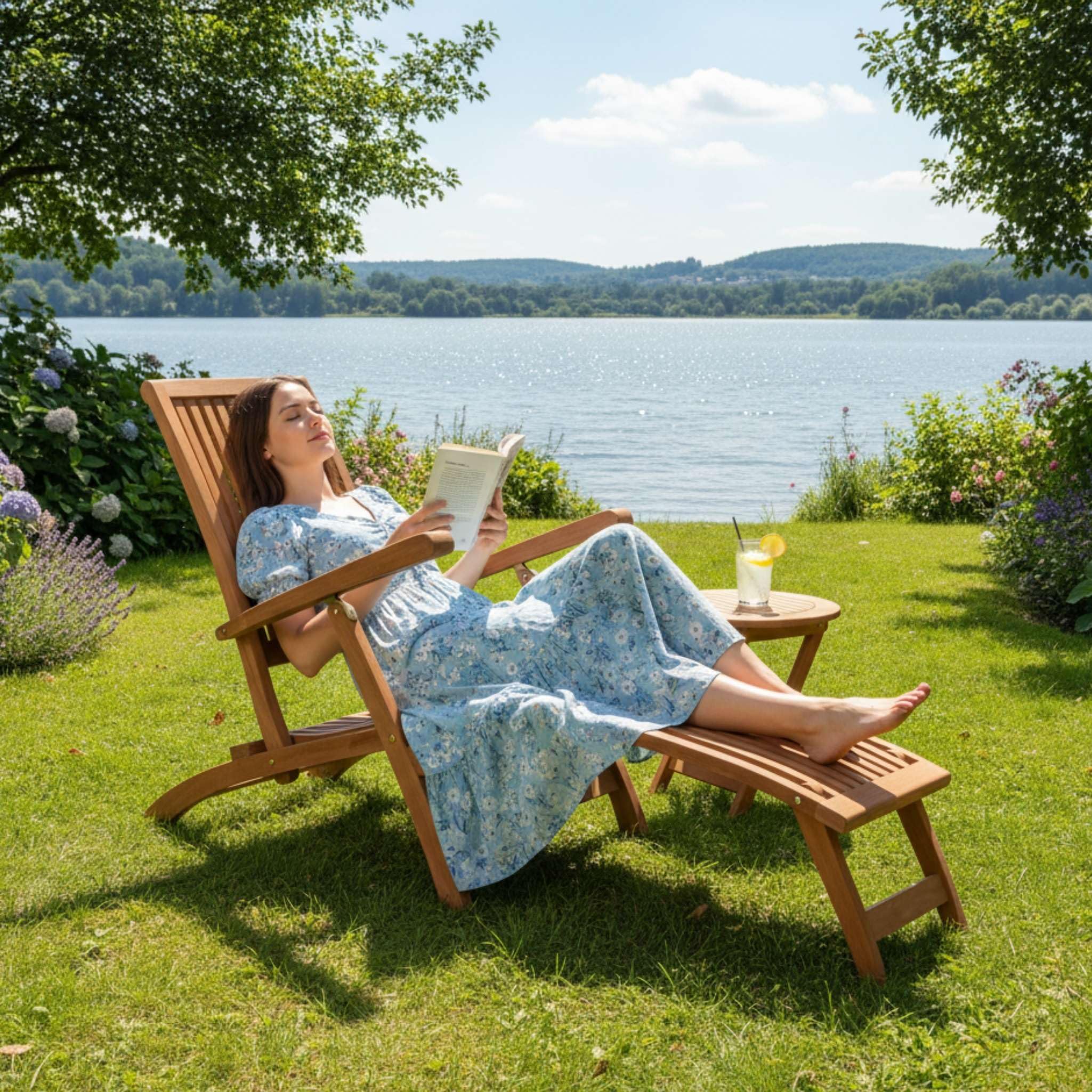 MR. DEKO Deckchair Yacht Teak Holz 170 cm | Sonnenliege Garten Klappbar | Gartenliege Wetterfest Massivholz | Deckstuhl Outdoor Teakholz Balkon | Liegestuhl Terrasse Rostfrei