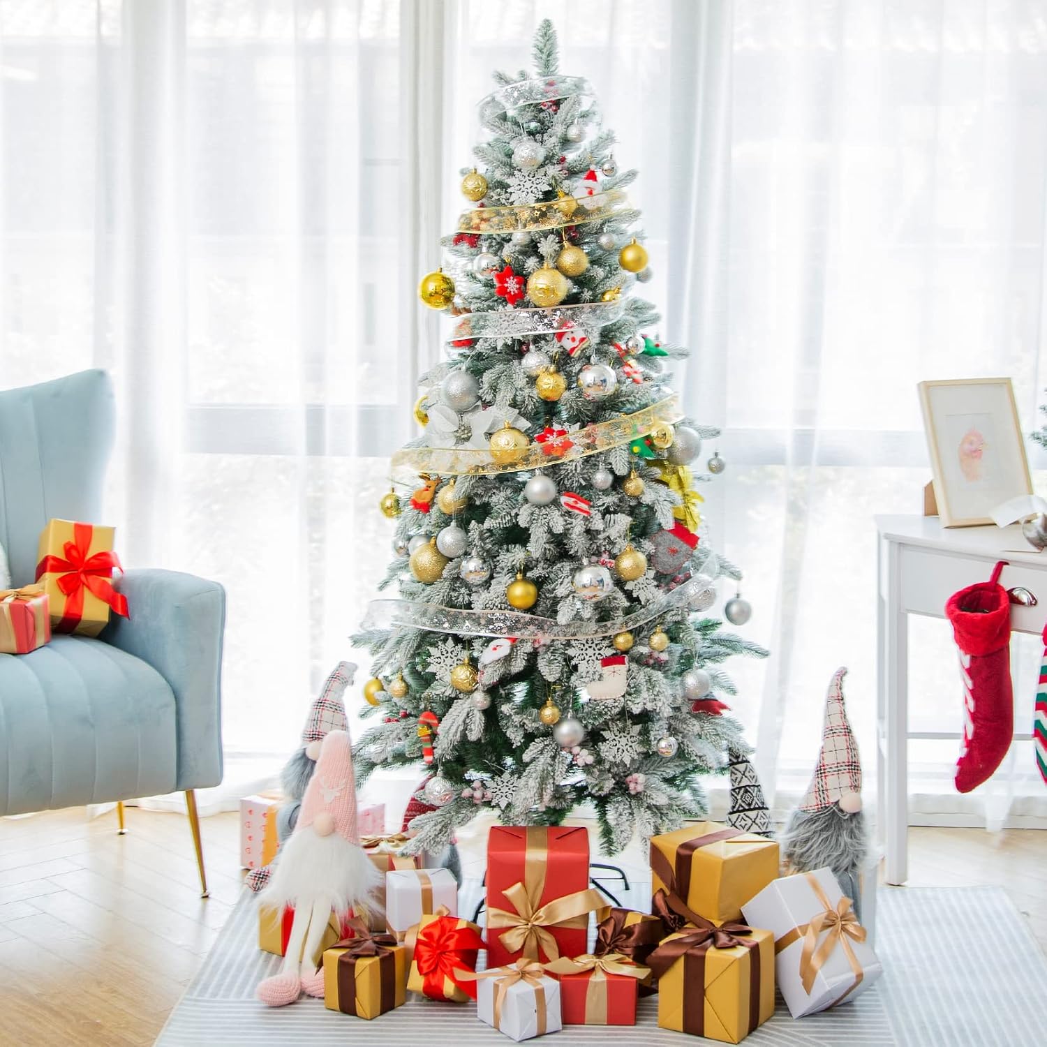 Artificial Christmas Tree,Snow Flocked Pencil Tree with Red Berry Decor 5FT,Unlit