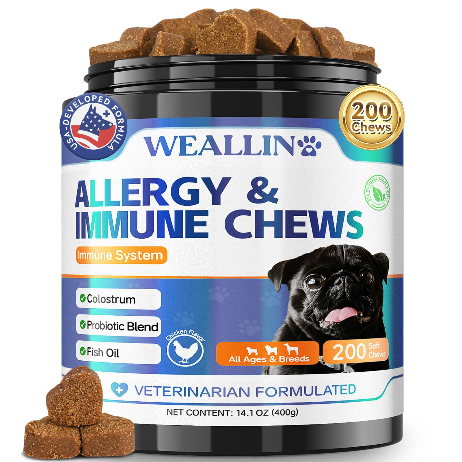 Dog Allergy Relief Chews, 200 Treats Anti-Itch Allergy Soft Chews for Dogs with Probiotics & Omega 3 Fish Oil, Itchy Skin Relief, Immune Support, Paw Licking Itchy Ears & Hot Spots, Seasonal Allergies