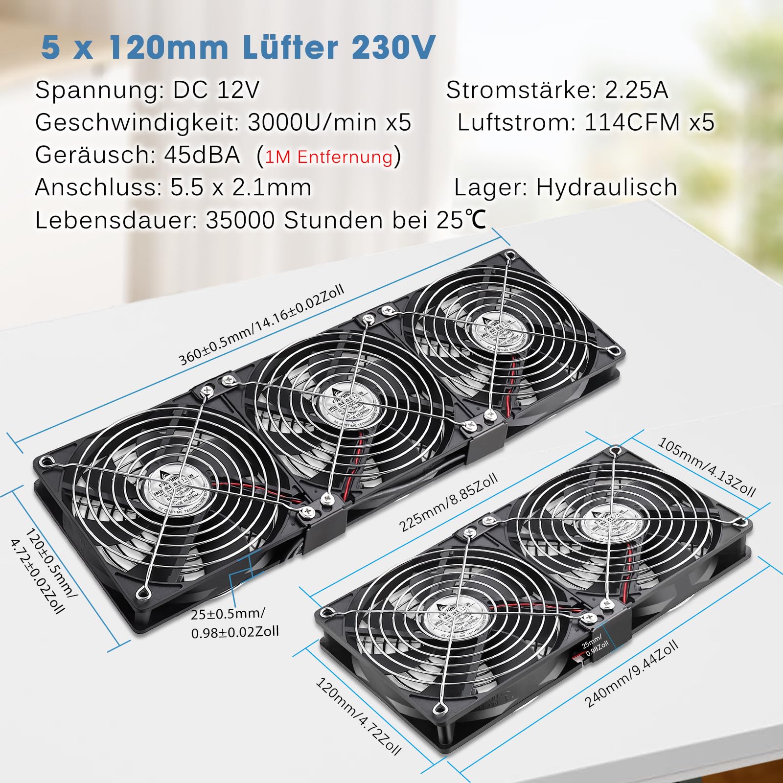 GDSTIME 5 ventole da 120 mm, 230 V, per PC, 220 V, 3000 giri/min, con spina di alimentazione, 4 V, 12 V, controllo della velocità, grande flusso d'aria per PC, raffreddamento