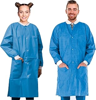 AMZ Medical Supply Disposable Lab Coats for Adults, 2X-Large. Pack of 30 Blue Knee Length Lab Coat. SMS 50 GSM Disposable Coats Medical. PPE Coat with Knit Collar & Cuffs, Plastic Snaps, 3 Pockets