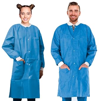 AMZ Medical Supply Disposable Lab Coats for Adults, Small Blue 50 GSM SMS Knee-Length Coat, Knit Collar and Cuffs, Snap Closure, 3 Pockets, Pack of 30
