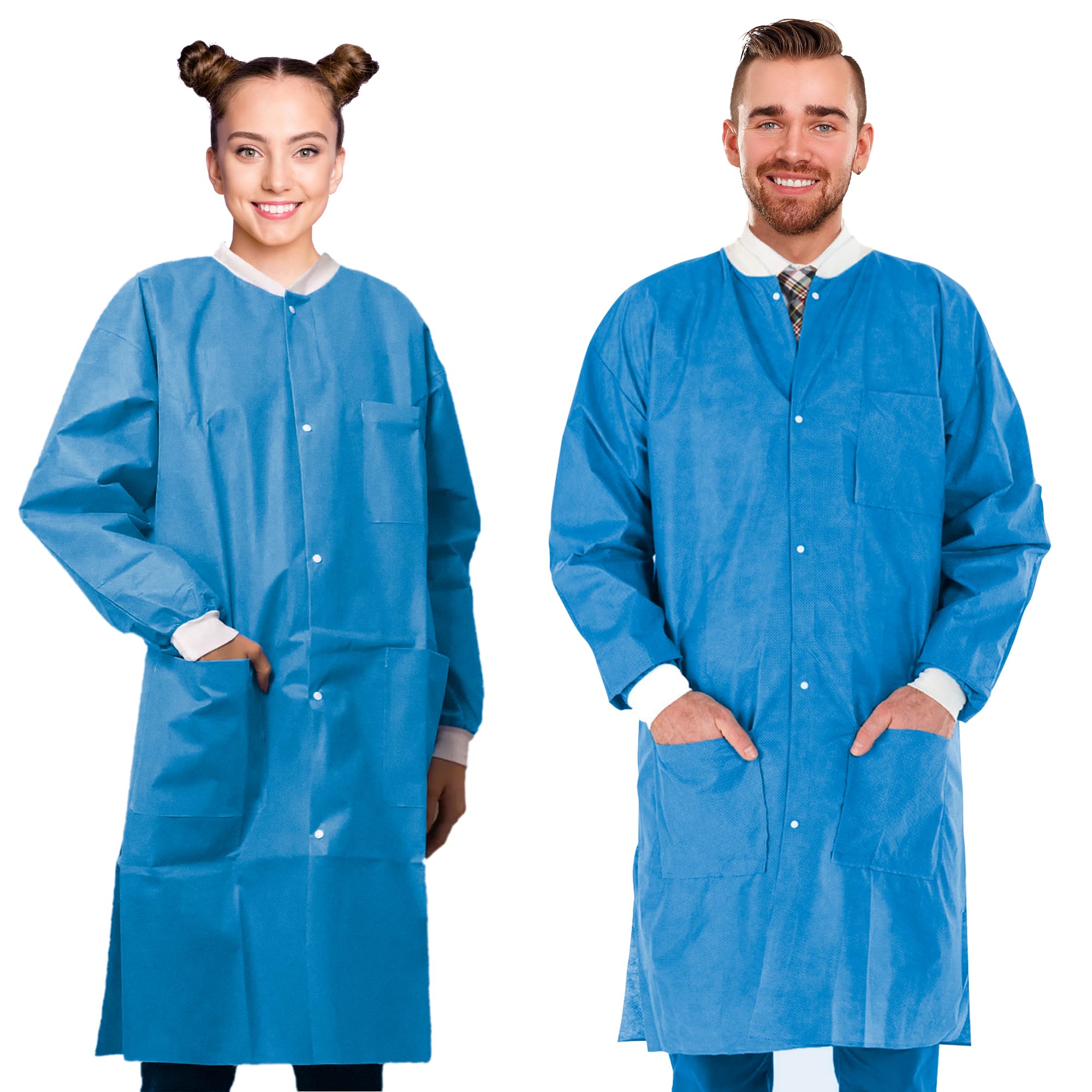 AMZ Medical Supply Disposable Lab Coats for Adults, Large. Pack of 10 Blue Knee Length Lab Coat. SMS 50 GSM Disposable Coats Medical. PPE Coat with