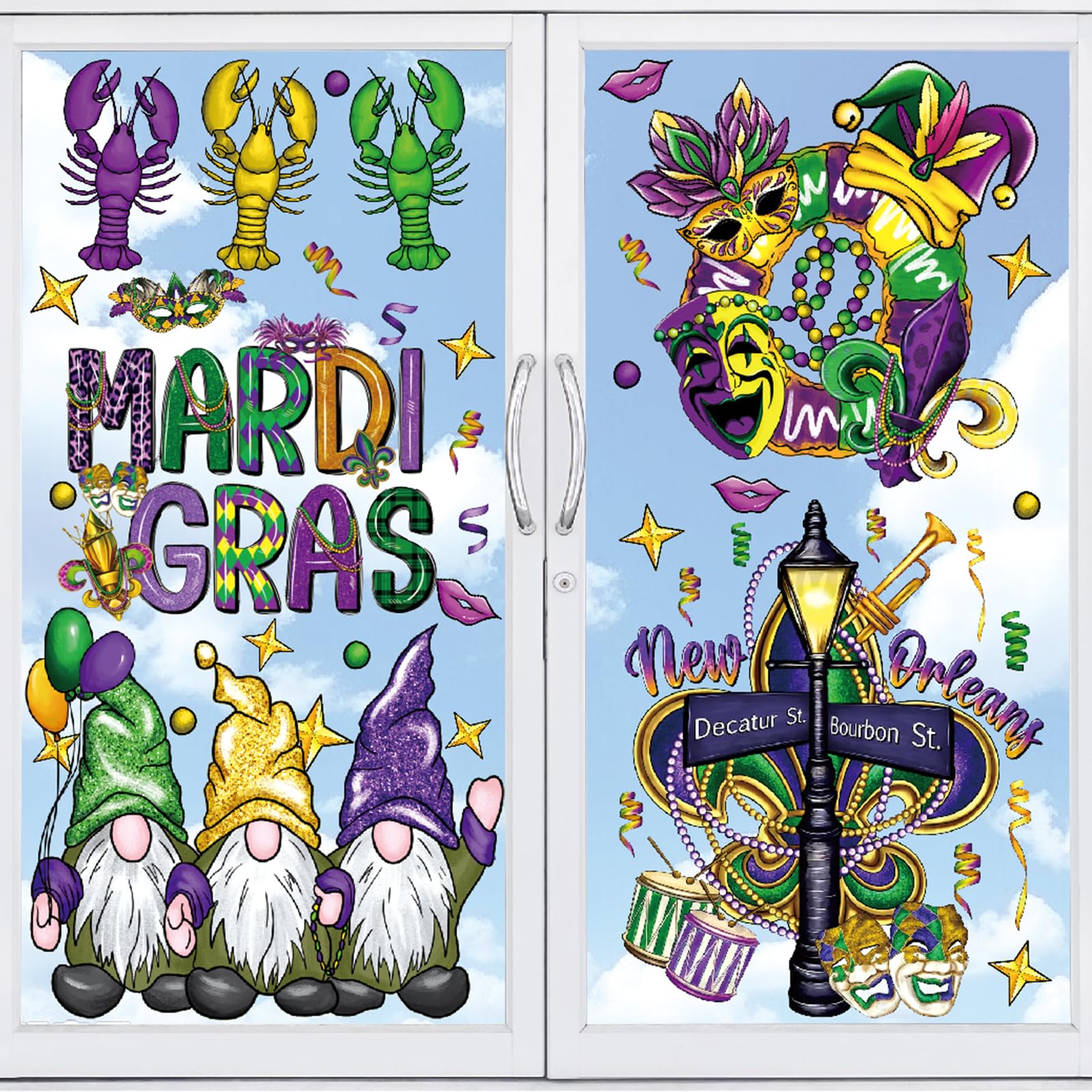 JarThenaAMCS Mardi Gras Window Clings 4 Sheet Purple Mask Gnome Crawfish Window Sticker Watercolor Reusable Static Window Decal Decorations for Wall Glass Car Carnival Masquerade Party Decor Supplies
