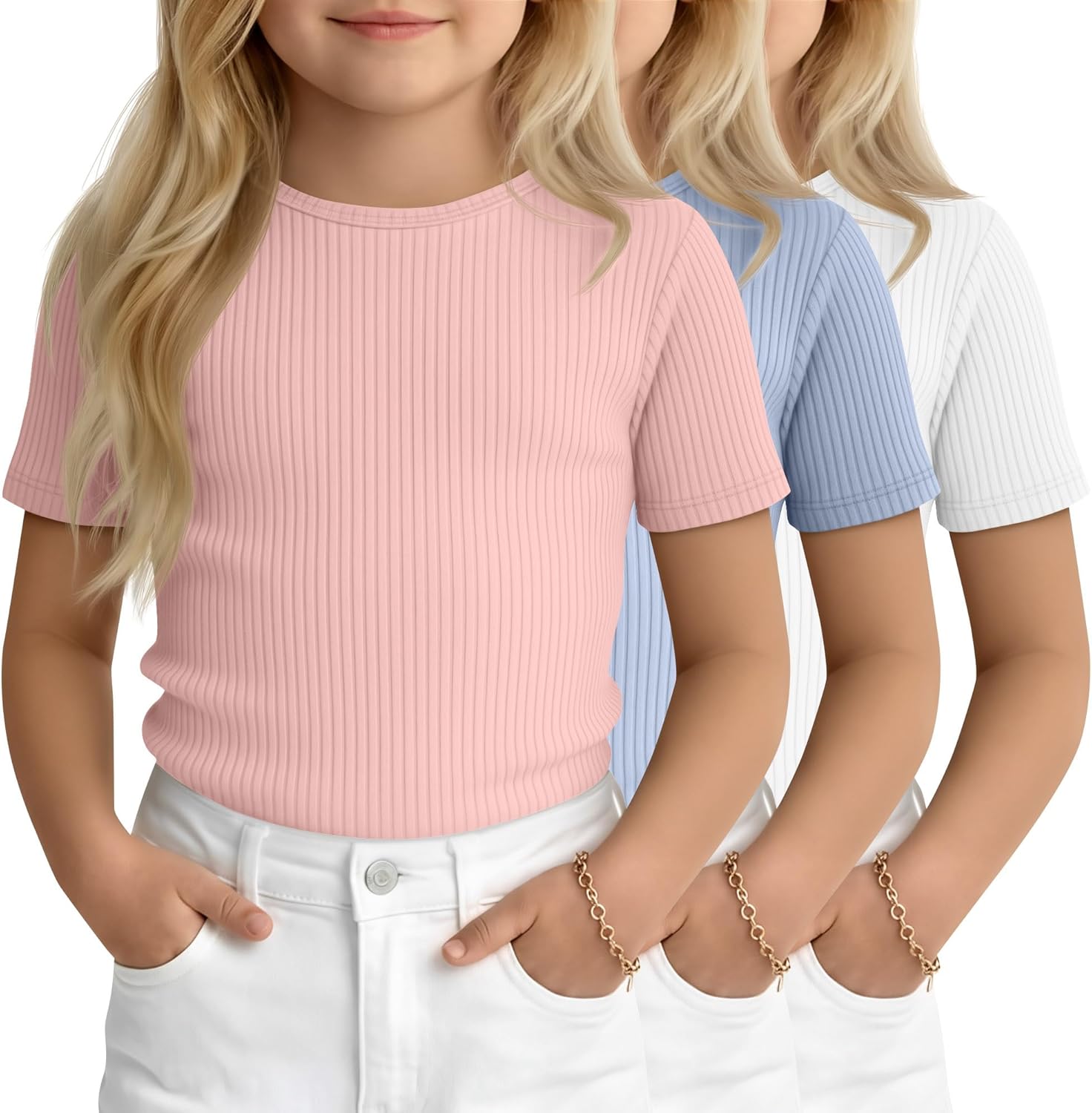3 Pack Toddler Girls' Ribbed Shirts Short Sleeve Crew Neck T Shirts Knit Slim Fit Soft Solid Base Layer Tee 18M-5T