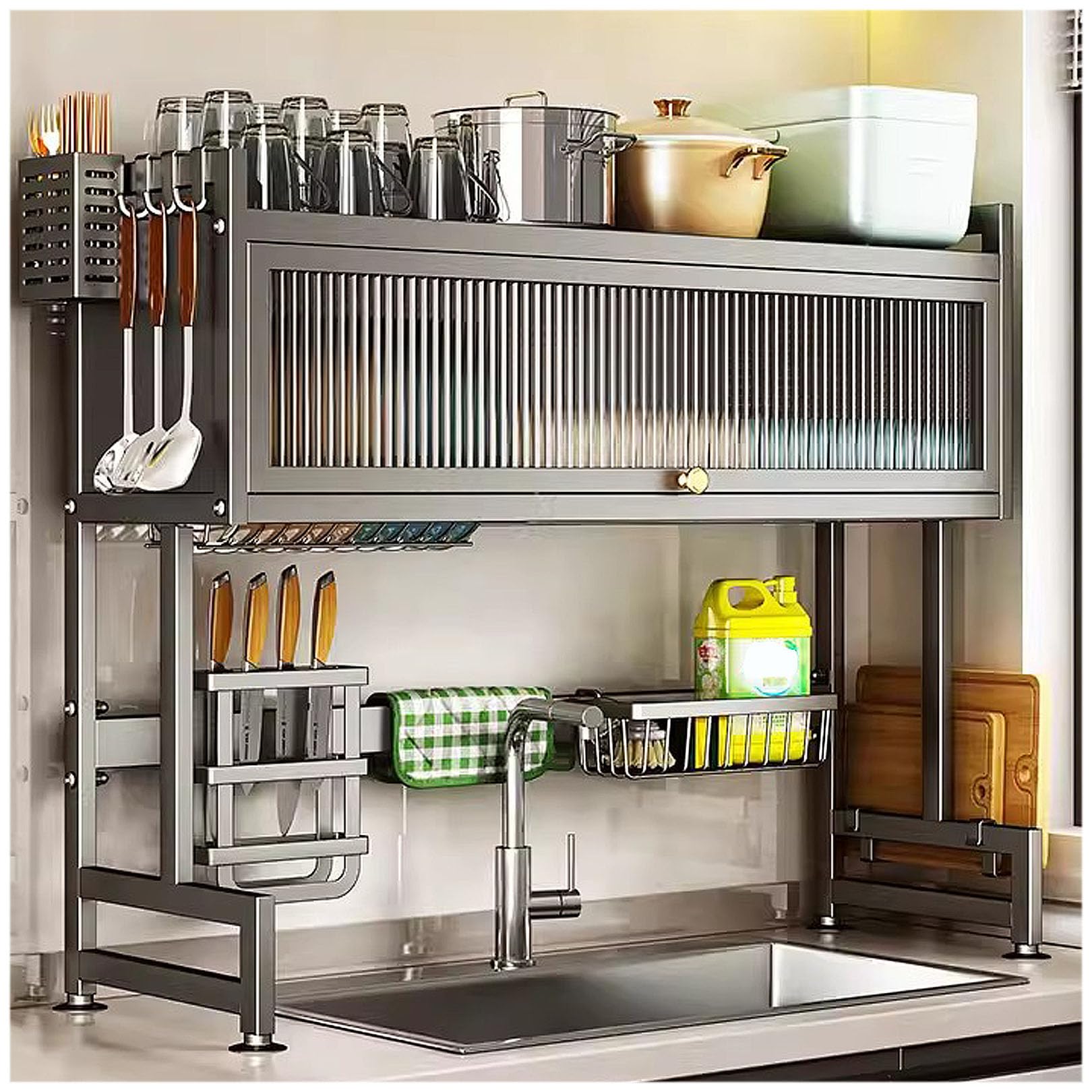 Escurridor de platos de cocina, 3 niveles de acero al carbono para fregadero con soporte para utensilios para encimera de cocina, puerta visible, diseño que ahorra espacio, fácil montaje