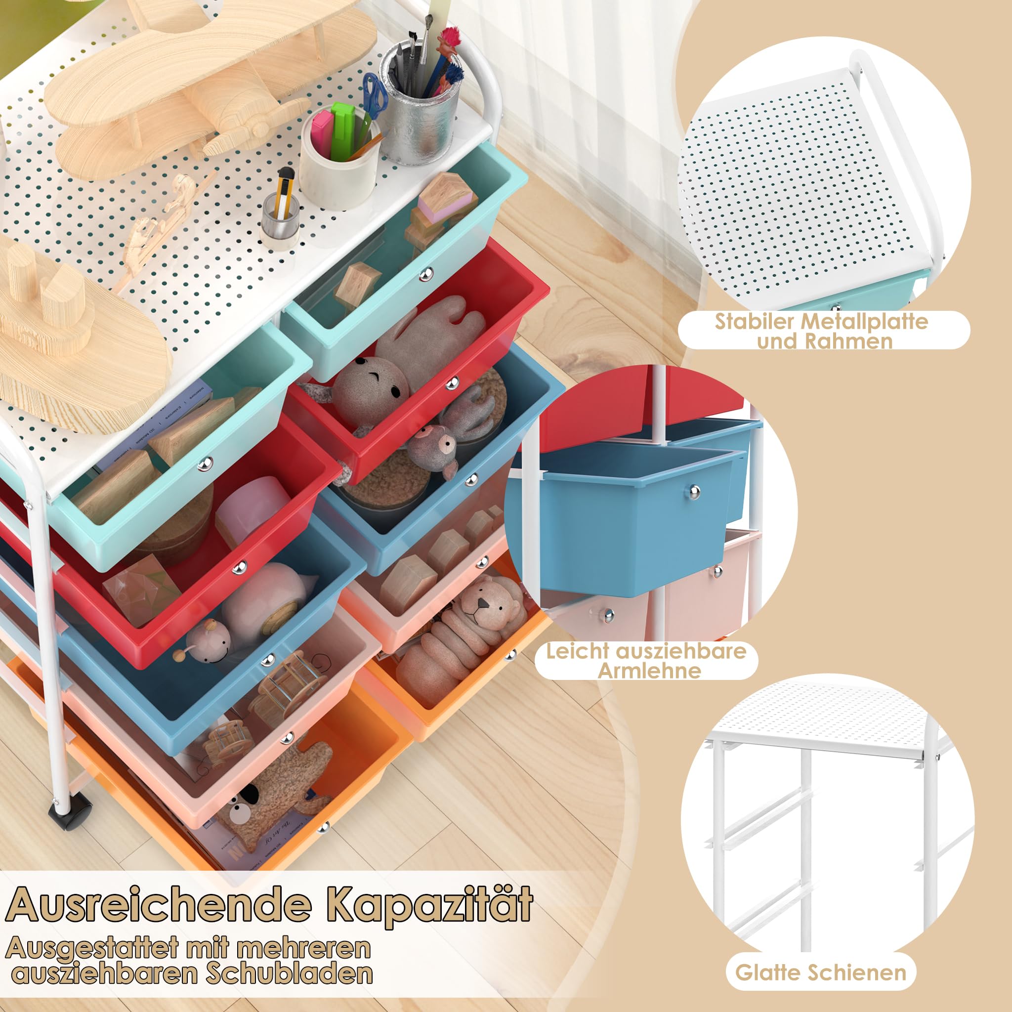 UISEBRT Chariot à roulettes avec 10 tiroirs empilables, chariot de rangement pour bureau, salon (96 x 39,5 x 66 cm)