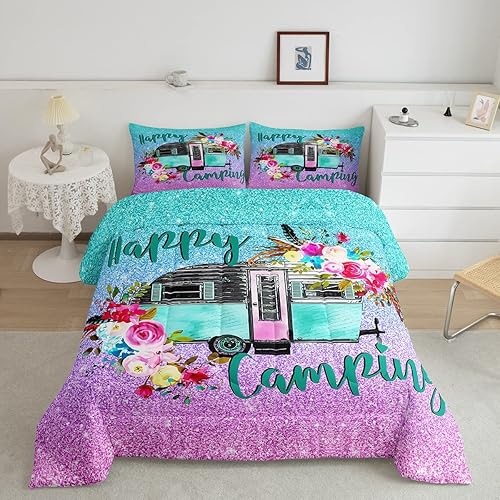 Edredón de cama para niños y niñas, juego de edredón de caricaturas para caravana, diseño de caricaturas, flores y lentejuelas en acuarela para