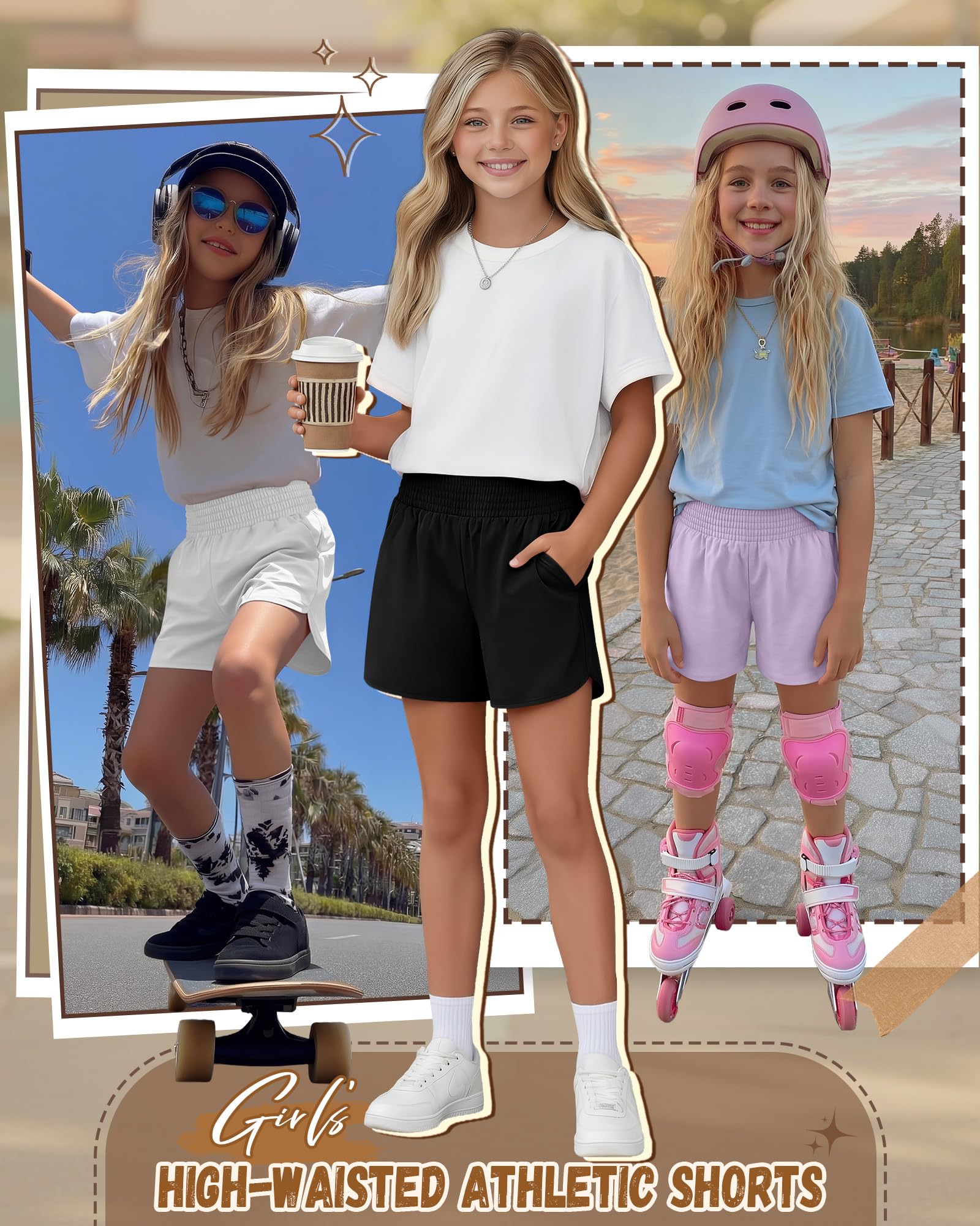 Clabby Confezione da 3 Pantaloncini Sportivi da Bambina con Fodera Interna, Ad Asciugatura Rapida e con Tasche