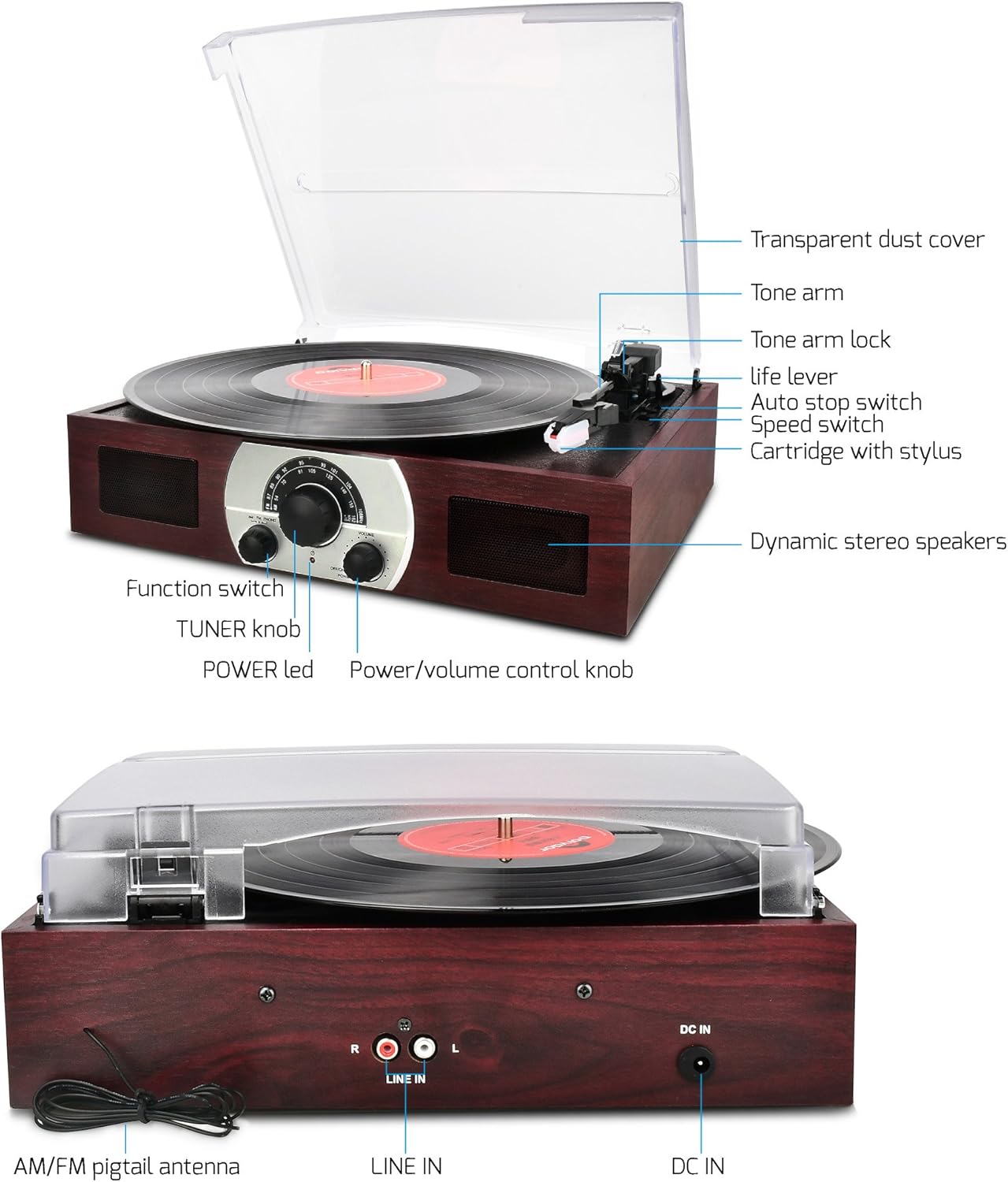 Labeled diagram of the DIGITNOW Wooden Retro Turntable showing all parts