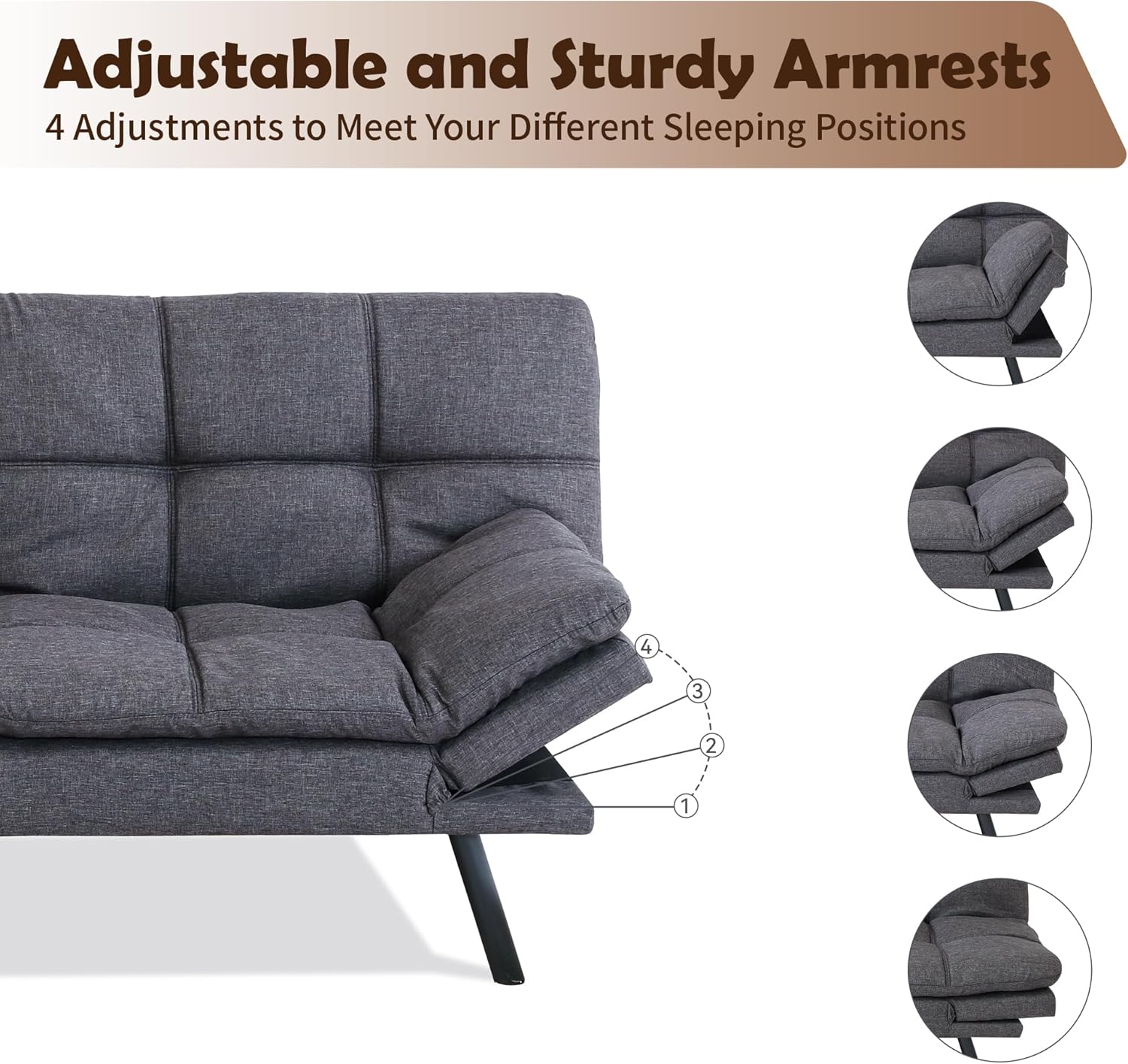 Futon Sofa Bed, Memory Foam Futon Sleeper Sofa Loveseat Convertible Couch Bed for Small Compact Living Spaces,Apartment,Grey Linen Fabric