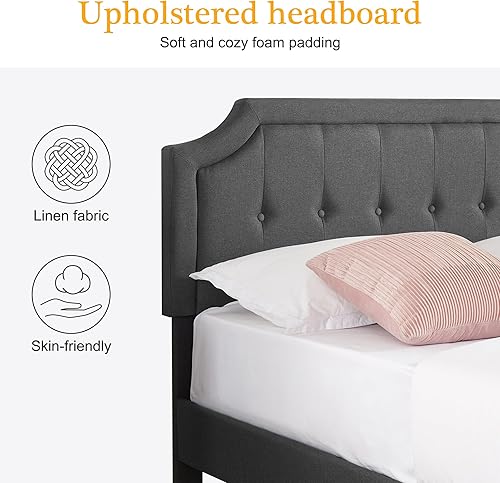 Miniatura 109 de VECELO Base de cama de plataforma de tamaño matrimonial con cabecera tapizada de tela y soporte de listones de madera, no necesita somier, fácil