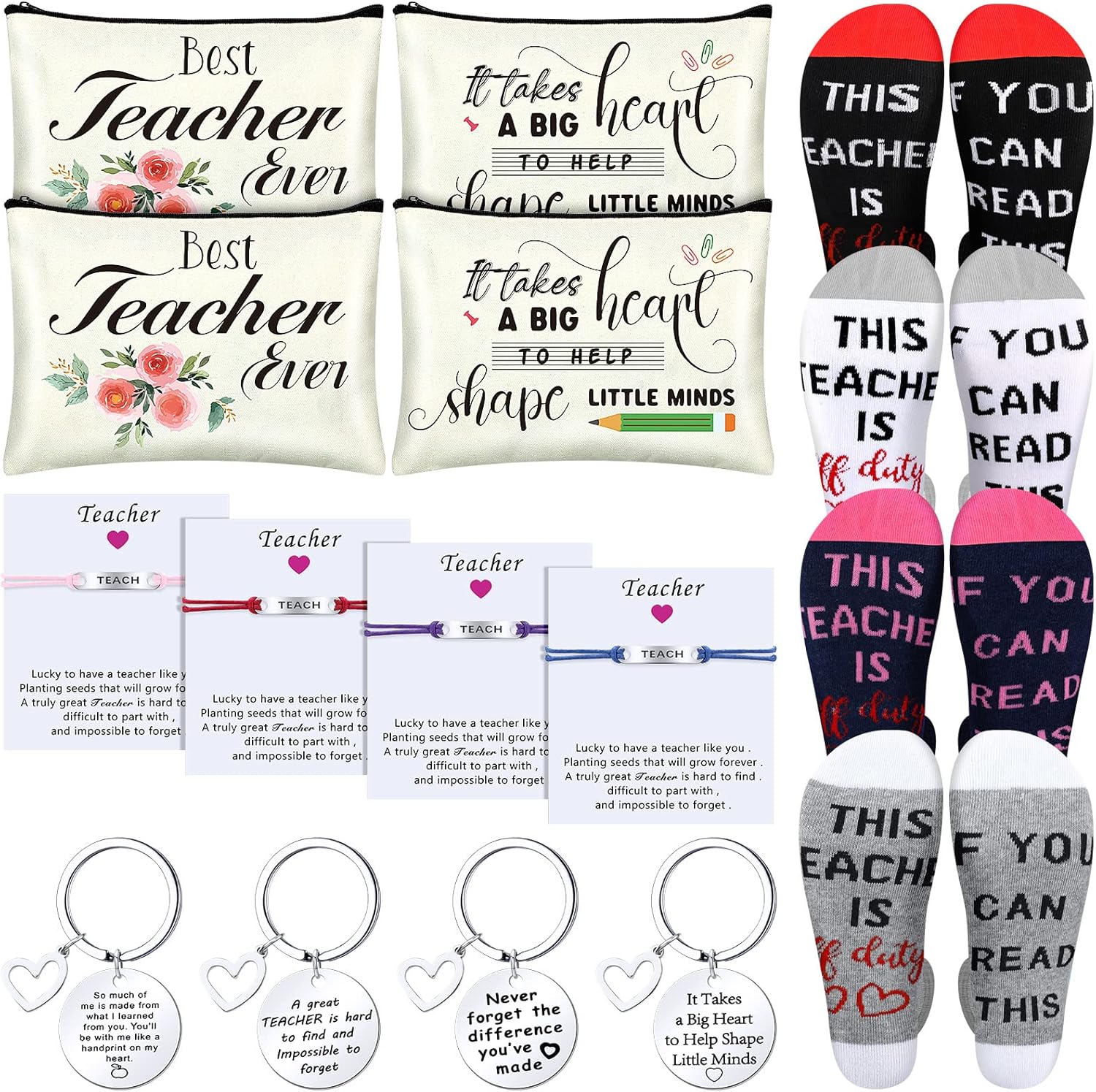 Funtery 16 Pcs Teacher Appreciation Gift Set 4 Cosmetic Bags 4 Keychains 4 Blessing Card Bracelets, 4 Pair Socks