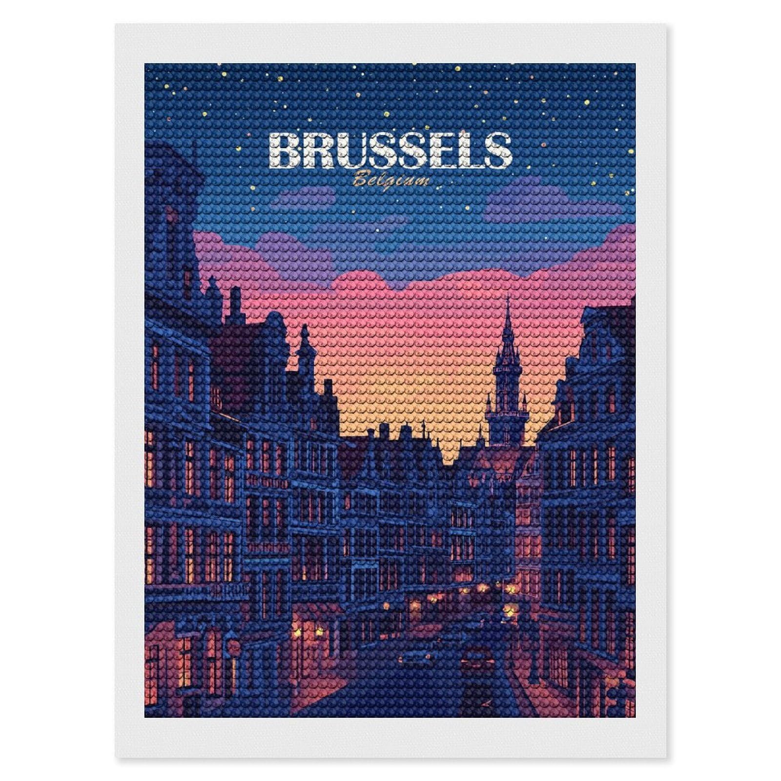 Junmoney Brussels Belgium Cityscape at Dusk Diamond Painting Kit 12"x16", Easy Handmade Project, Easy to Enjoy, Aesthetic Room Decor, Christmas Gift