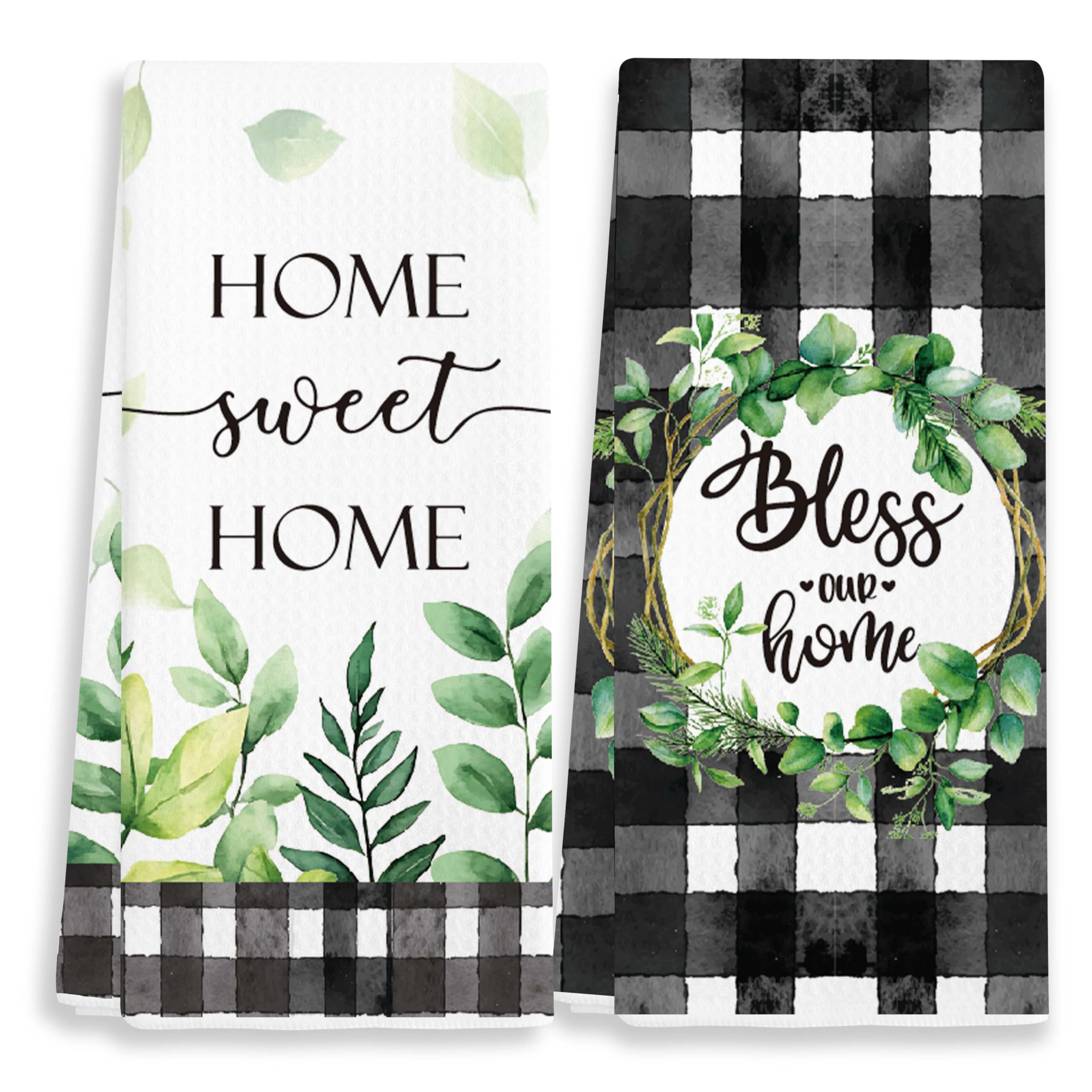 EJGFS ‘Home Sweet Home’‘Bless Our Home’ Greenery Decorative Towels for Kitchen, Set of 2, 16x24 Hand Towels for Bathroom, Black Plaid Dish Towels Gifts for Family, Friends, Colleagues, etc.(067)