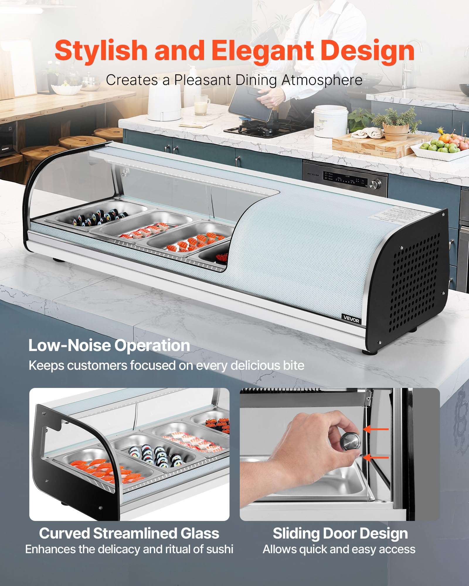 VEVOR Vitrina Refrigerada de 42 L para Sushi, 4 Bandejas, con Vidrio Curvo, Iluminación LED y Control Digital de Temperatura, Ideal para Mostradores, Restaurantes y Tiendas, 1160 x 425 x 290 mm