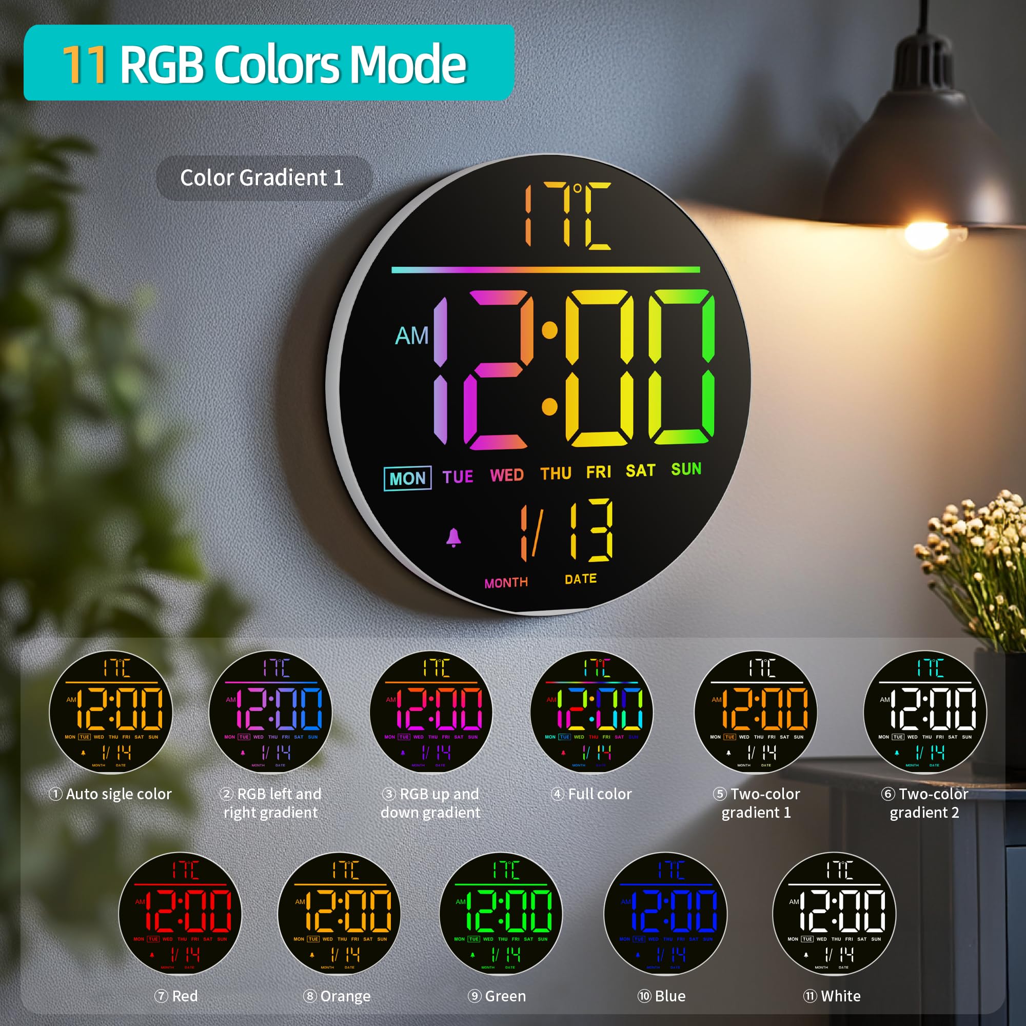 Maxstar 10" Horloge Murale Ronde Digitale avec Télécommande - Affichage Numérique LED - Grand Écran LED RGB, Luminosité Auto, Thermomètre, Alarme - Décor Salon/Chambre/Cuisine - Noir