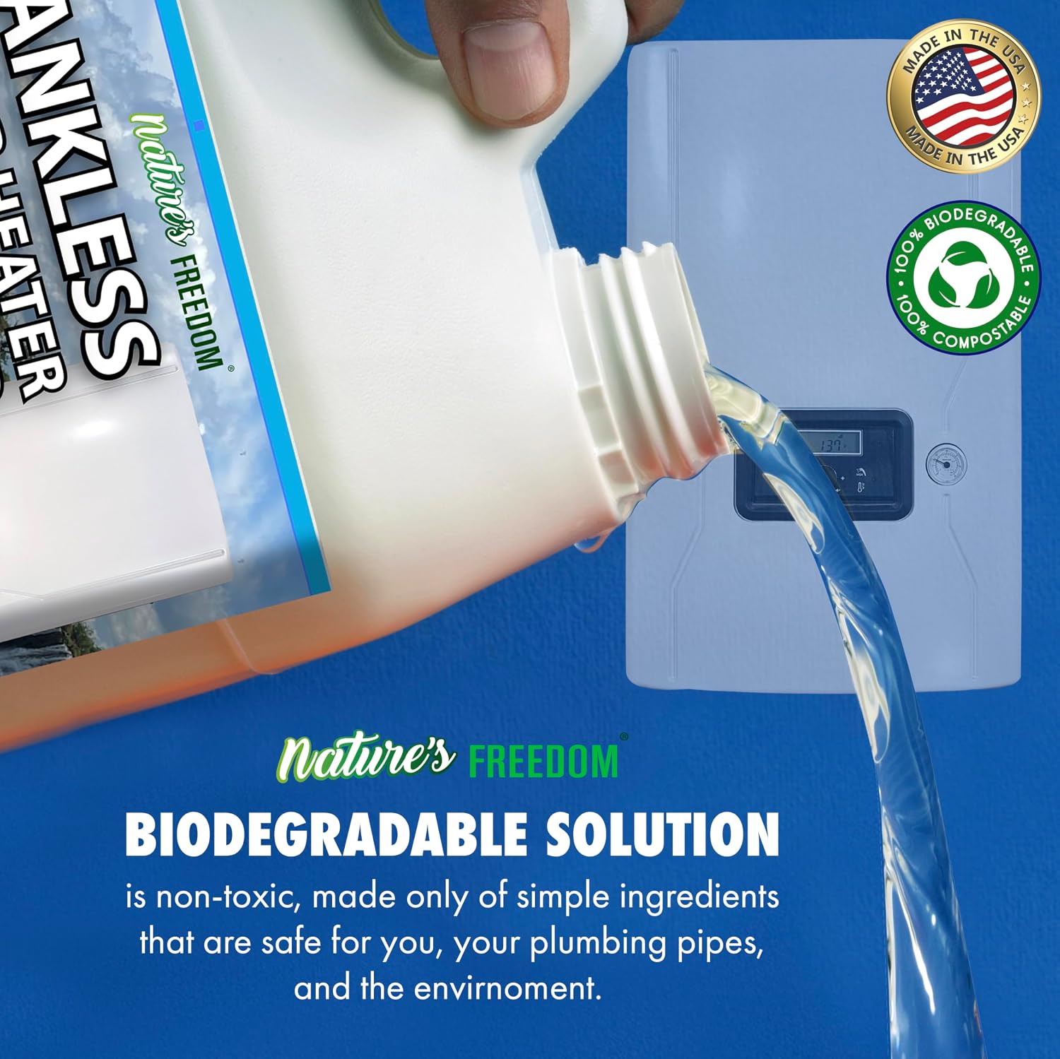 Nature's Freedom Tankless Water Heater Flush Descaler, Quart (32 oz) – Professional Non-Toxic Descaling Solution, Biodegradable, Made in the USA