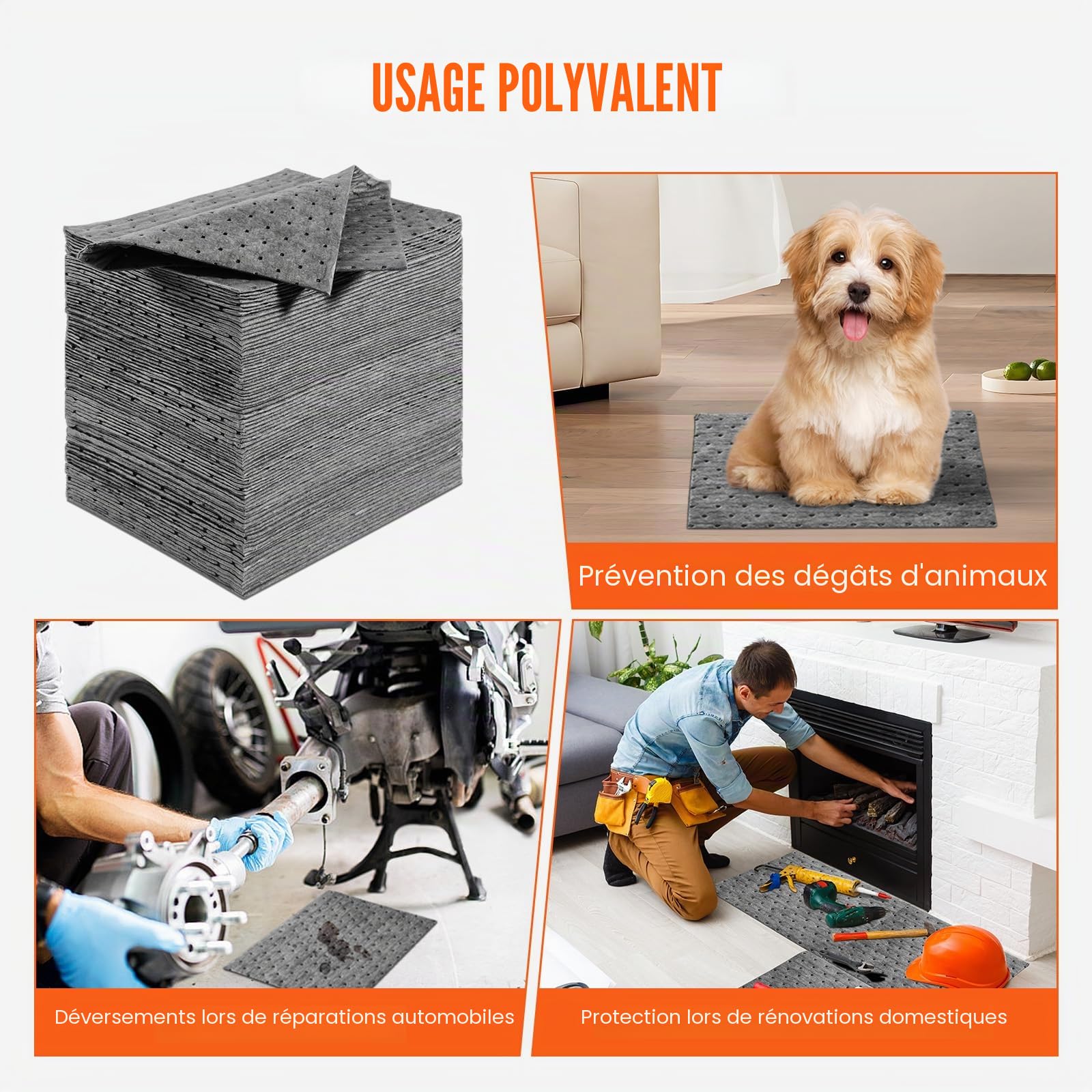 VEVOR Tapis Absorbant Liquide Universel 100 Pièces 250x330 mm, Tapis Absorbant l'Eau jusqu'à 11,4 L dans Une Boîte Distributrice, en Polypropylène, pour Déversements, Cuisine Animaux de Compagnie
