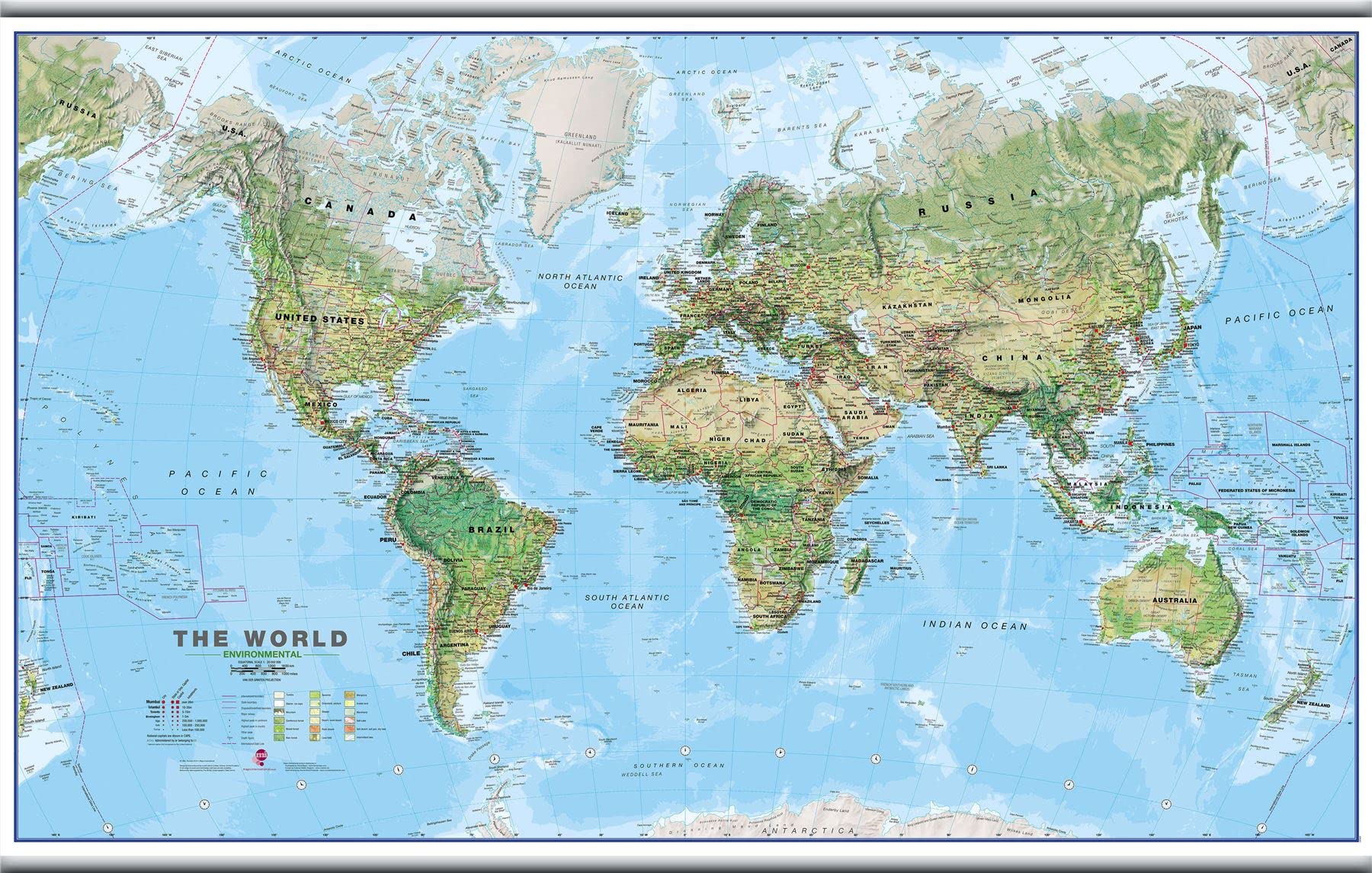 Large World Wall Map Environmental (Hanging bars)