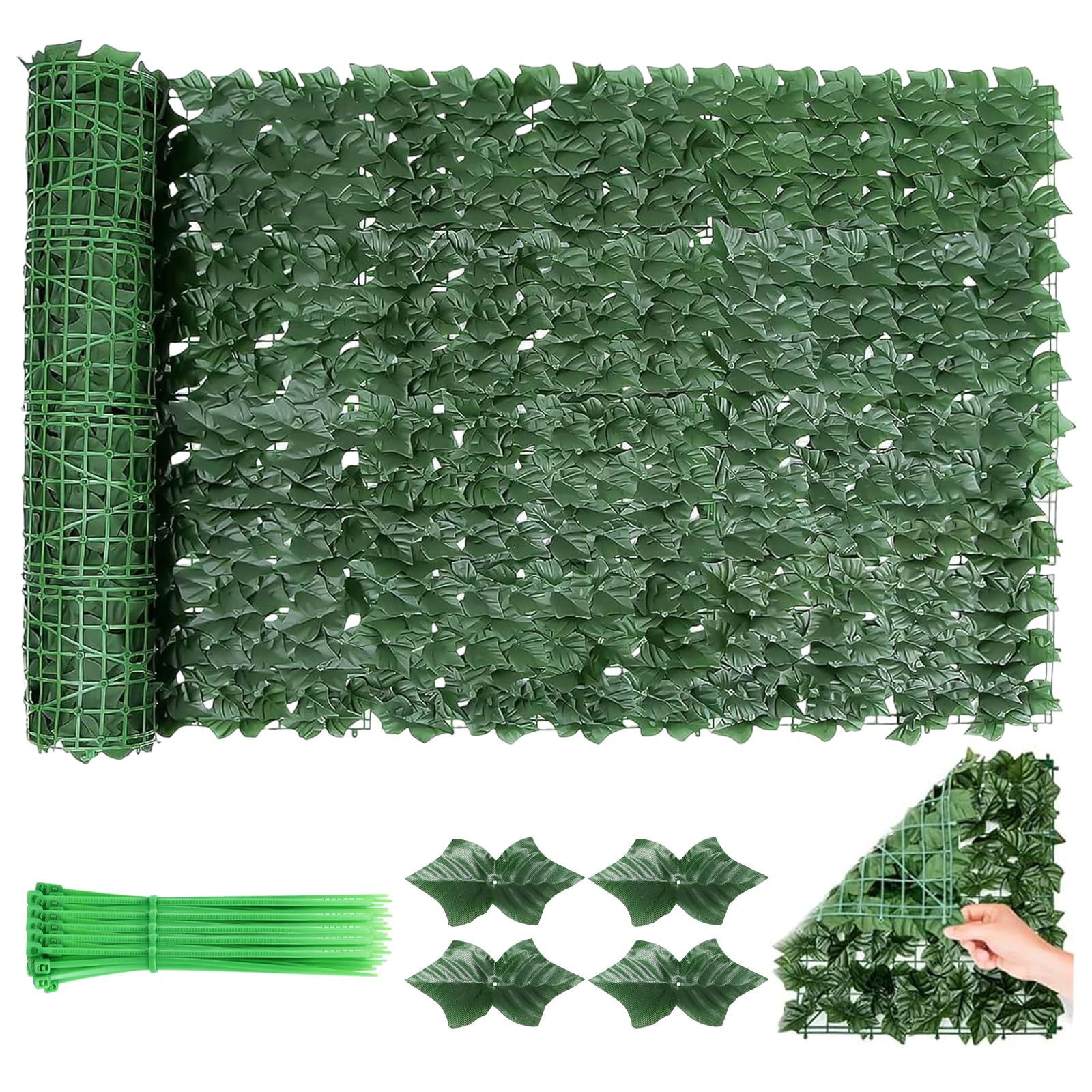 FUOBECIE Sichtschutz Balkon, 1M x 3M Künstlicher Efeu Sichtschutzzaun, Künstliche Efeu Hecke Sichtschutz, Erweiterbarer Künstlicher Heckenzaun,Künstlicher Efeu, Balkon Sichtschutz