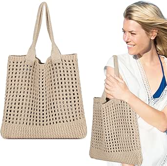 Crochet Beach Tote Bag For Women - Aesthetic Mesh Knit Bag, Lightweight & Spacious Summer Carryall