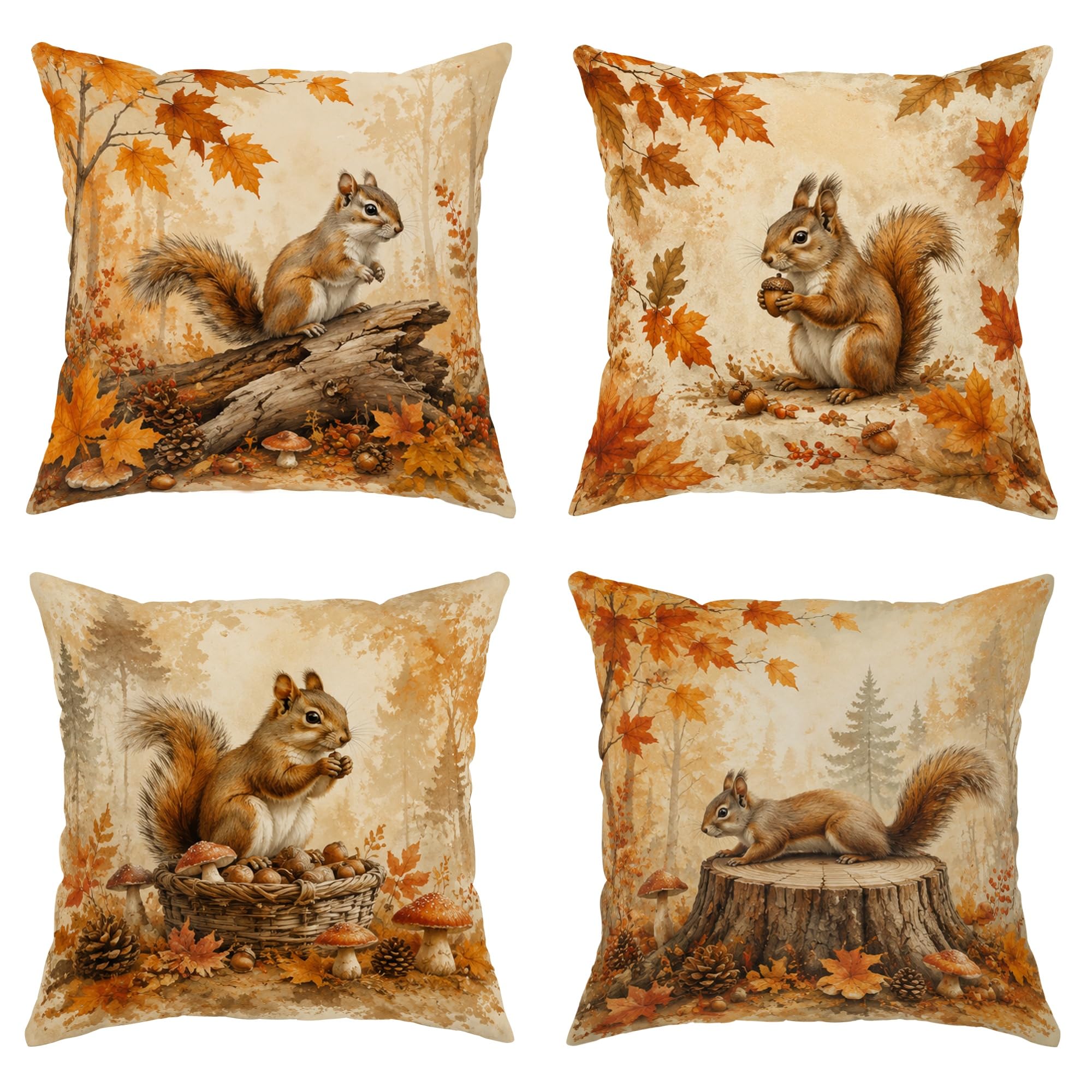 Lot de 4 housses de coussin écureuil et champignon orange 45x45 cm