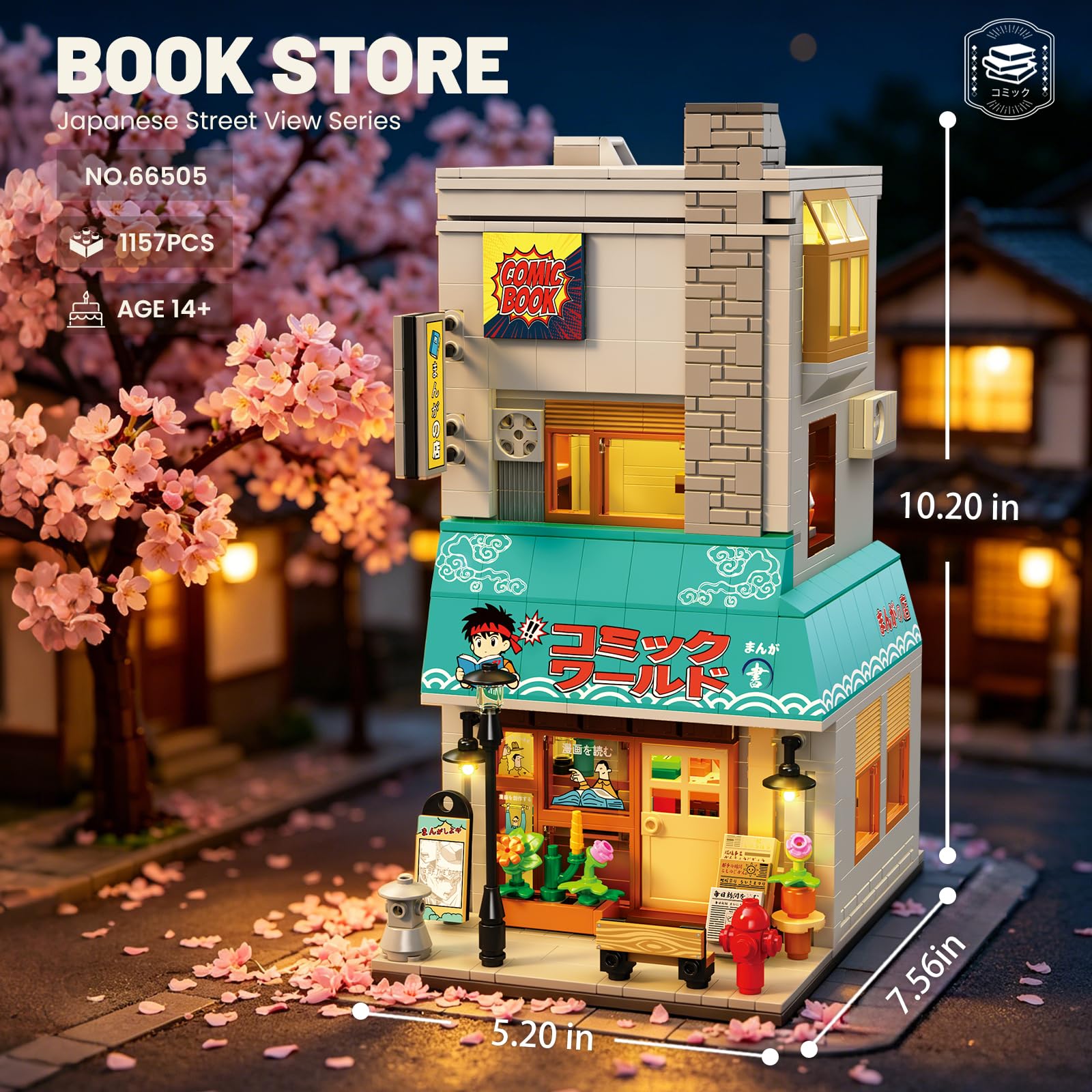 Reobrix 66505 - Juego de construcción de librería con luz LED, 1157 piezas de bloques de construcción de librería japonesa Street View, modelo de arquitectura modular de tienda de ciudad, regalo