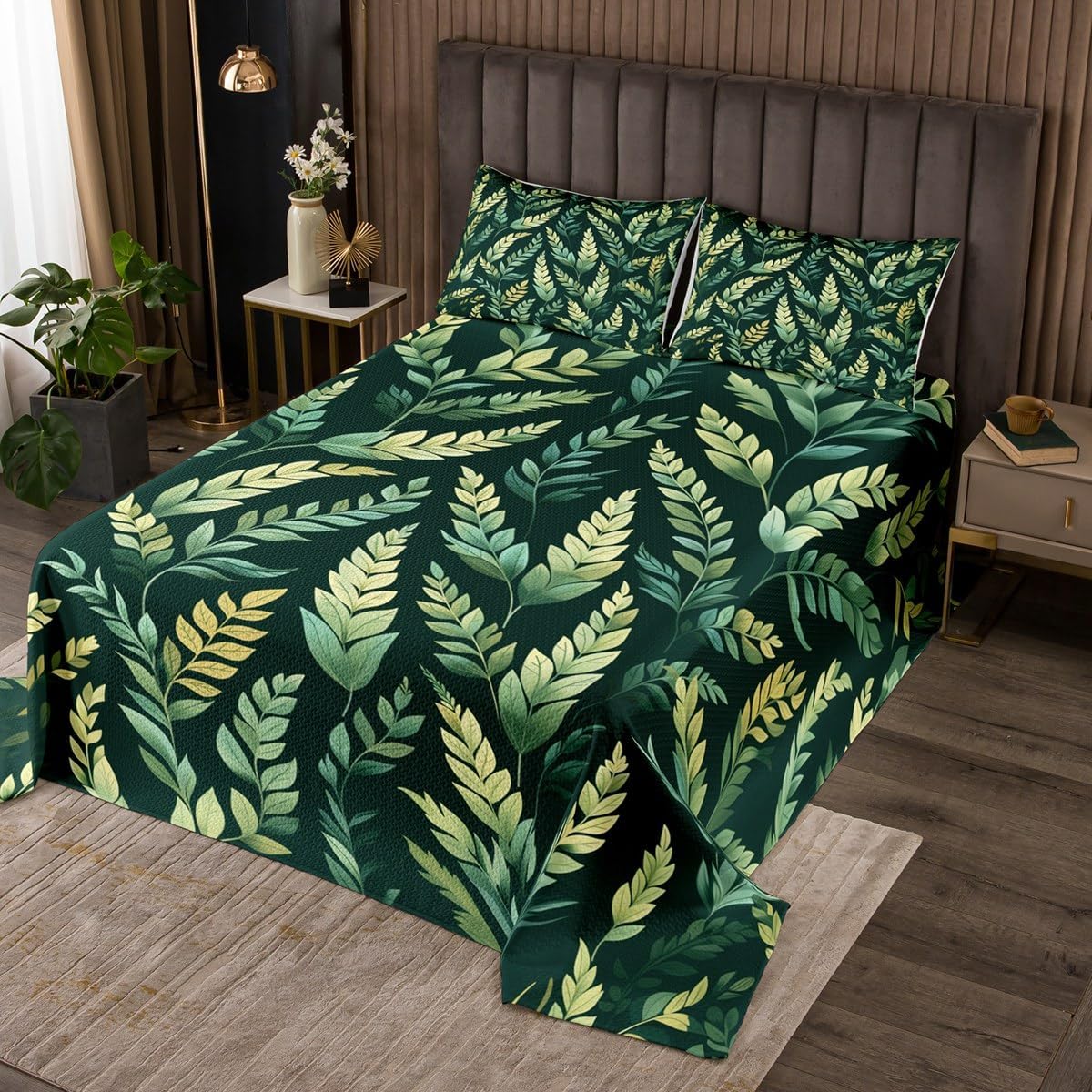 Erosebridal Eucalyptus Leaf Queen Size Quilt Set,Green Leaves Botanical Plant Bedspread Sets Spring Nature Leaves Coverlet Sets Golden Vintage Flower Summer Cozy Bed Set for Kids Teen Adults