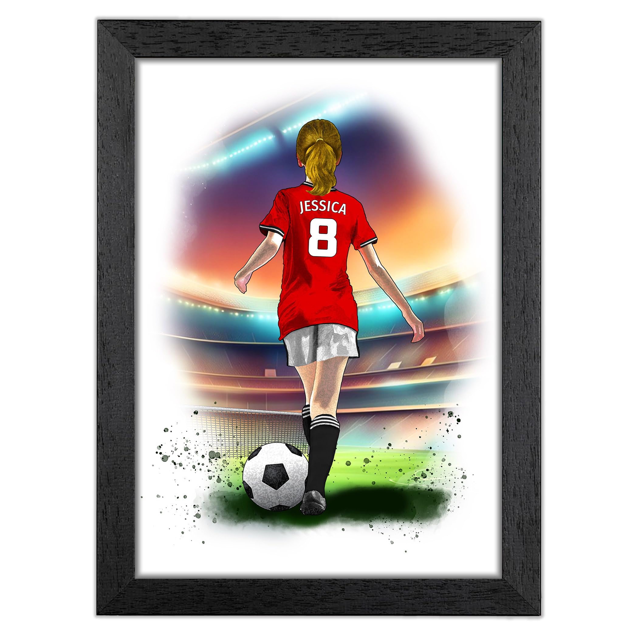 Art by Toor Personalised Man United Football Gifts for Girls and Women - Girls Manchester United Football Poster (Black Frame)