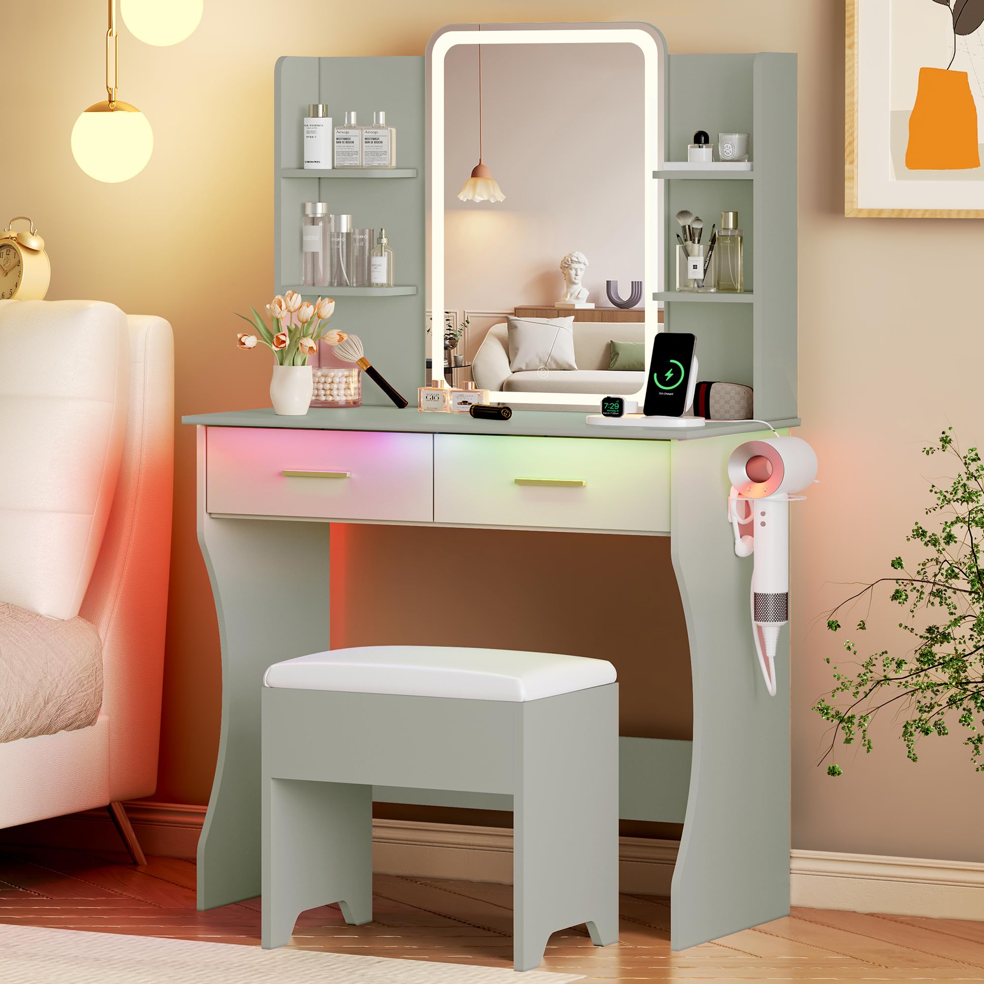 Vanity Desk with LED Lights Mirror &amp; Power Outlet, Small Makeup Vanity Table Set with Storage Drawers &amp; Chair, 3 Lighting Modes &amp; Adjustable Brightness, Dressing Table for Women Girls Bedroom, Green