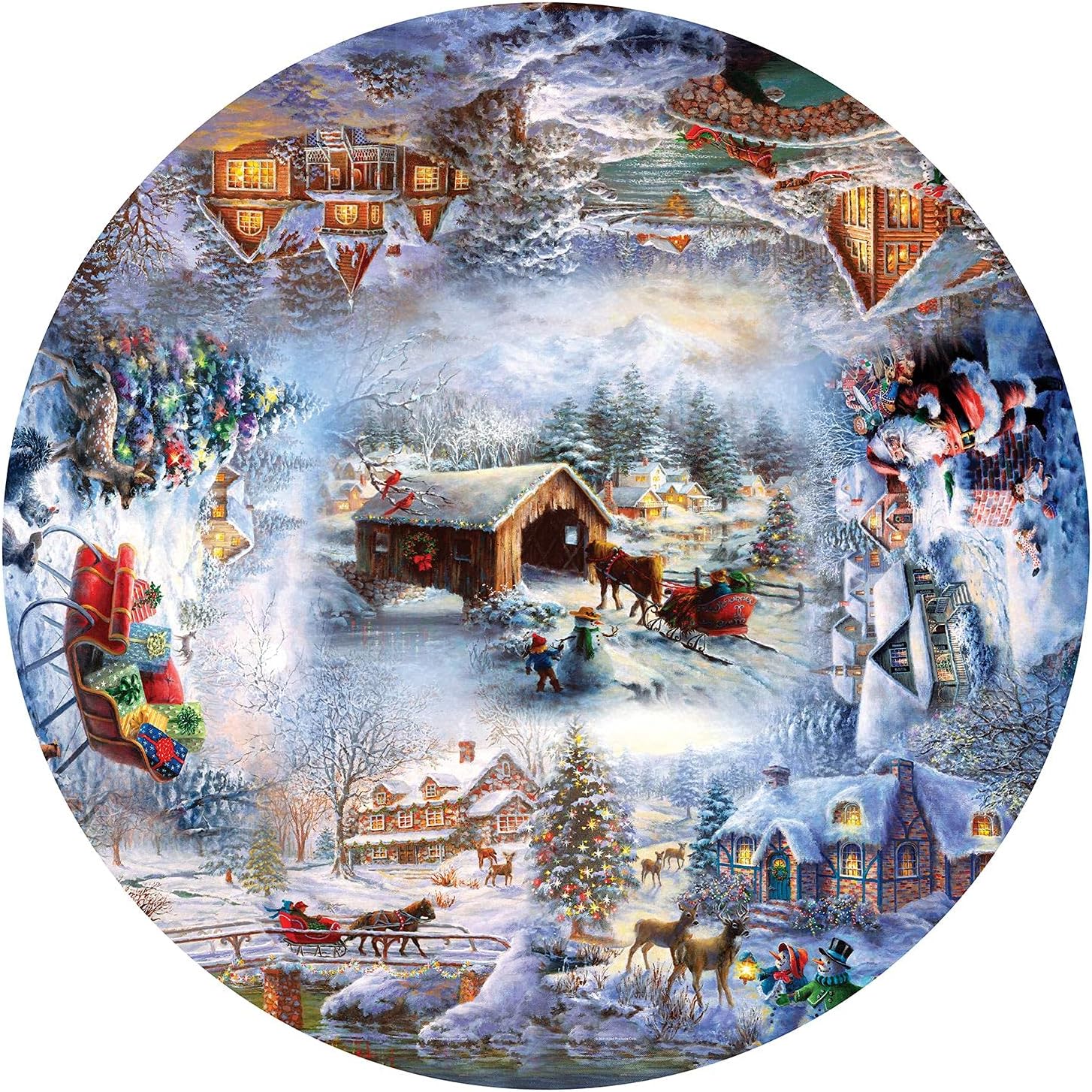 Springbok Winter Wonderland 500 Piece Round Jigsaw Puzzle for Adults and Kids Features a Circle of Illustrations Featuring The Best of Christmas Imagery